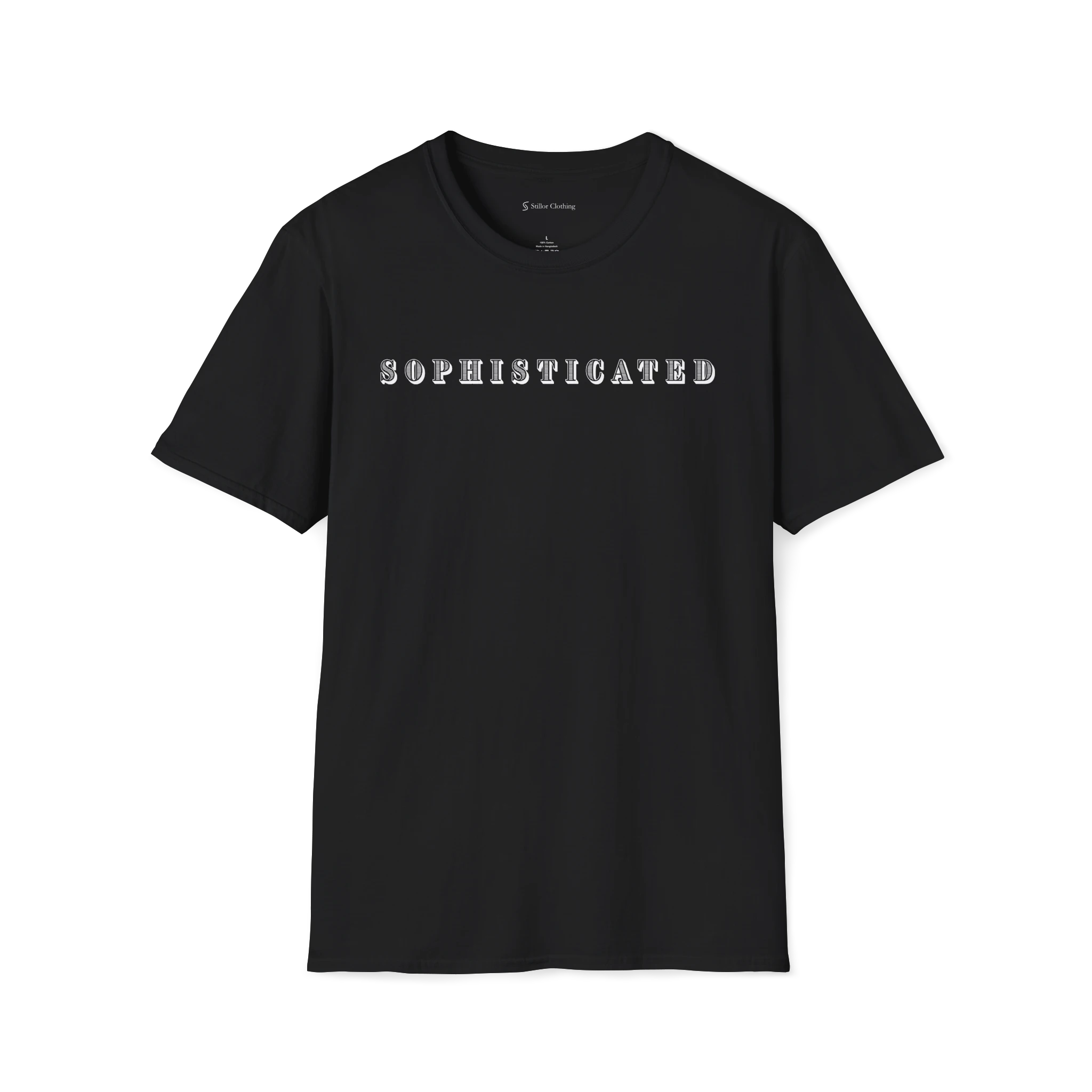 Black Sophisticated t-shirt, front view with centered serif wordmark design