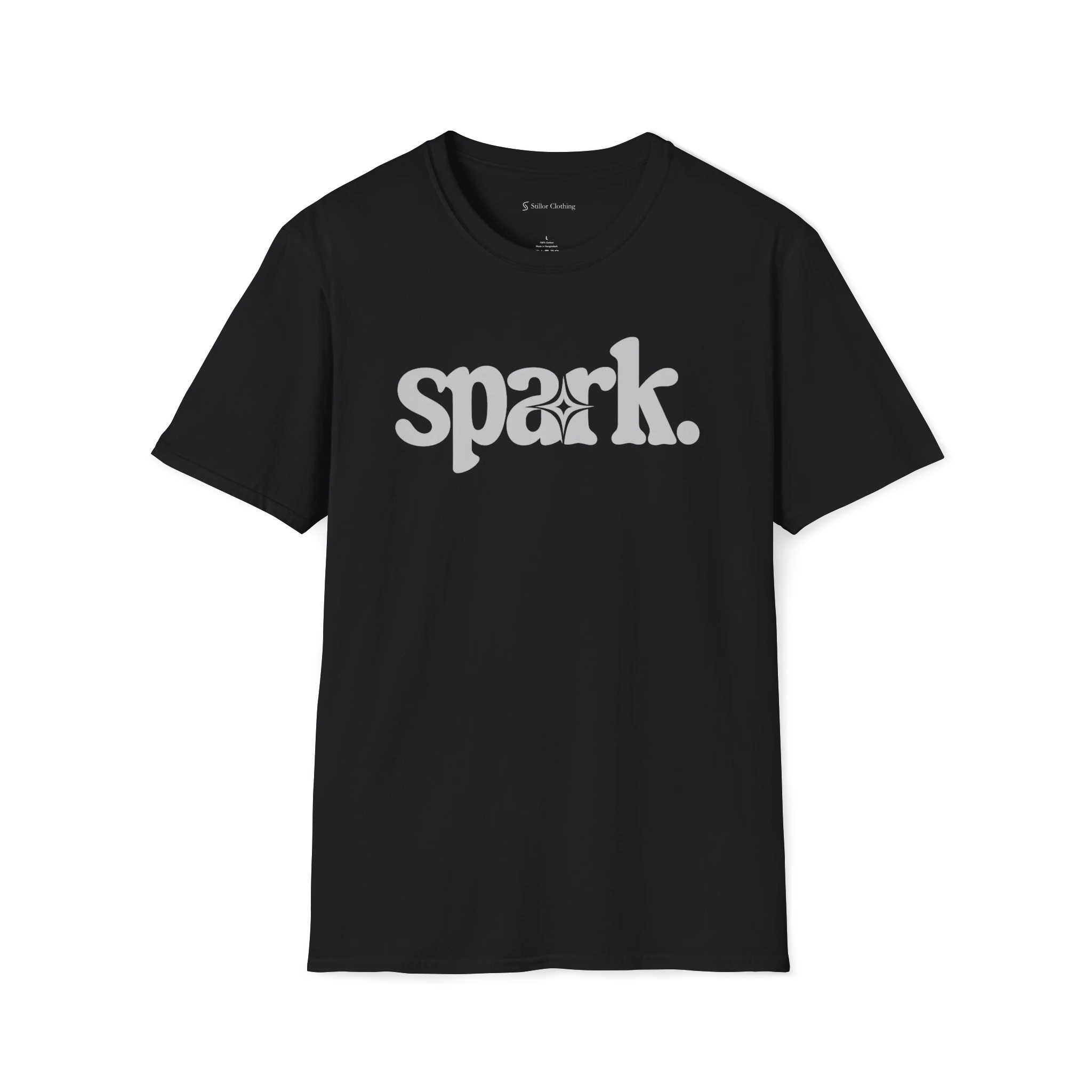 Black Spark T-Shirt, front view with bold white spark wordmark and star detail