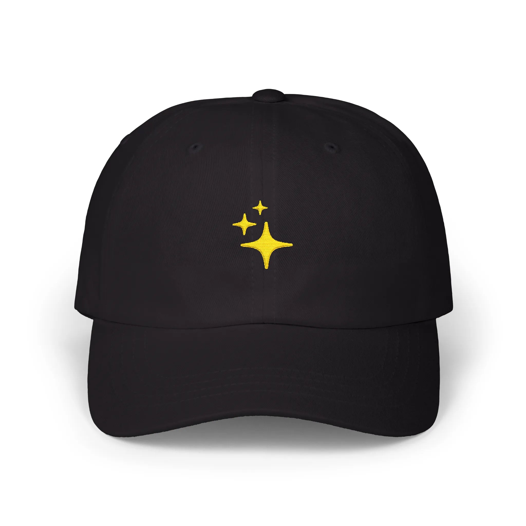 Black sparkles baseball cap, front view with three small yellow sparkle embroideries
