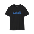 Black Stacked T-Shirt, front view with blue Stillor Clothing stacked wordmark print