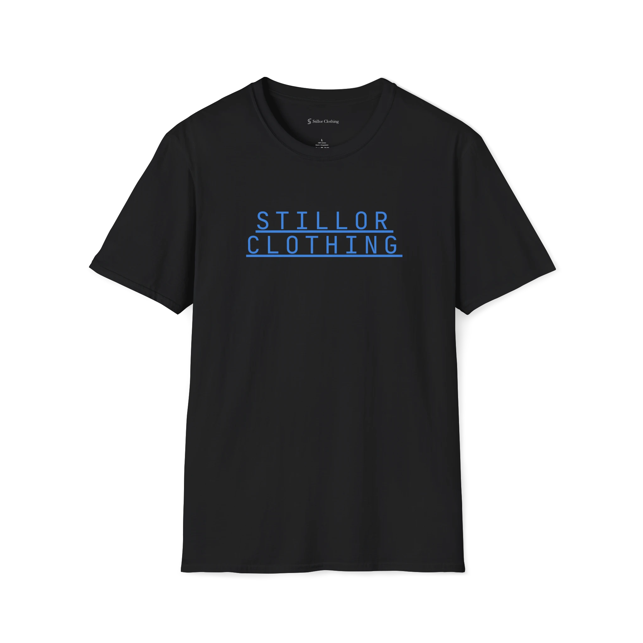 Black Stacked T-Shirt, front view with blue Stillor Clothing stacked wordmark print