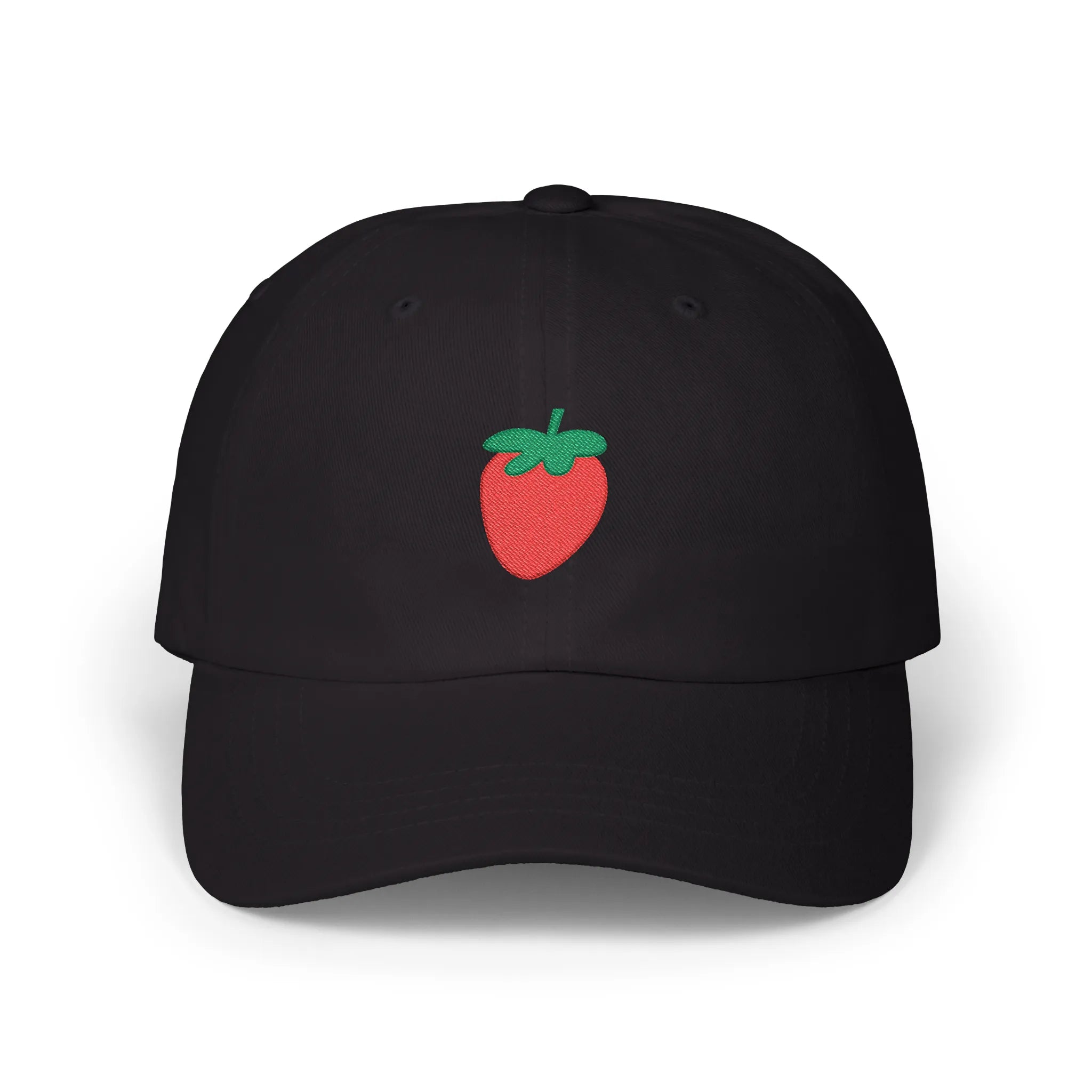 Black strawberry baseball cap, front view with red strawberry and green leaf embroidery