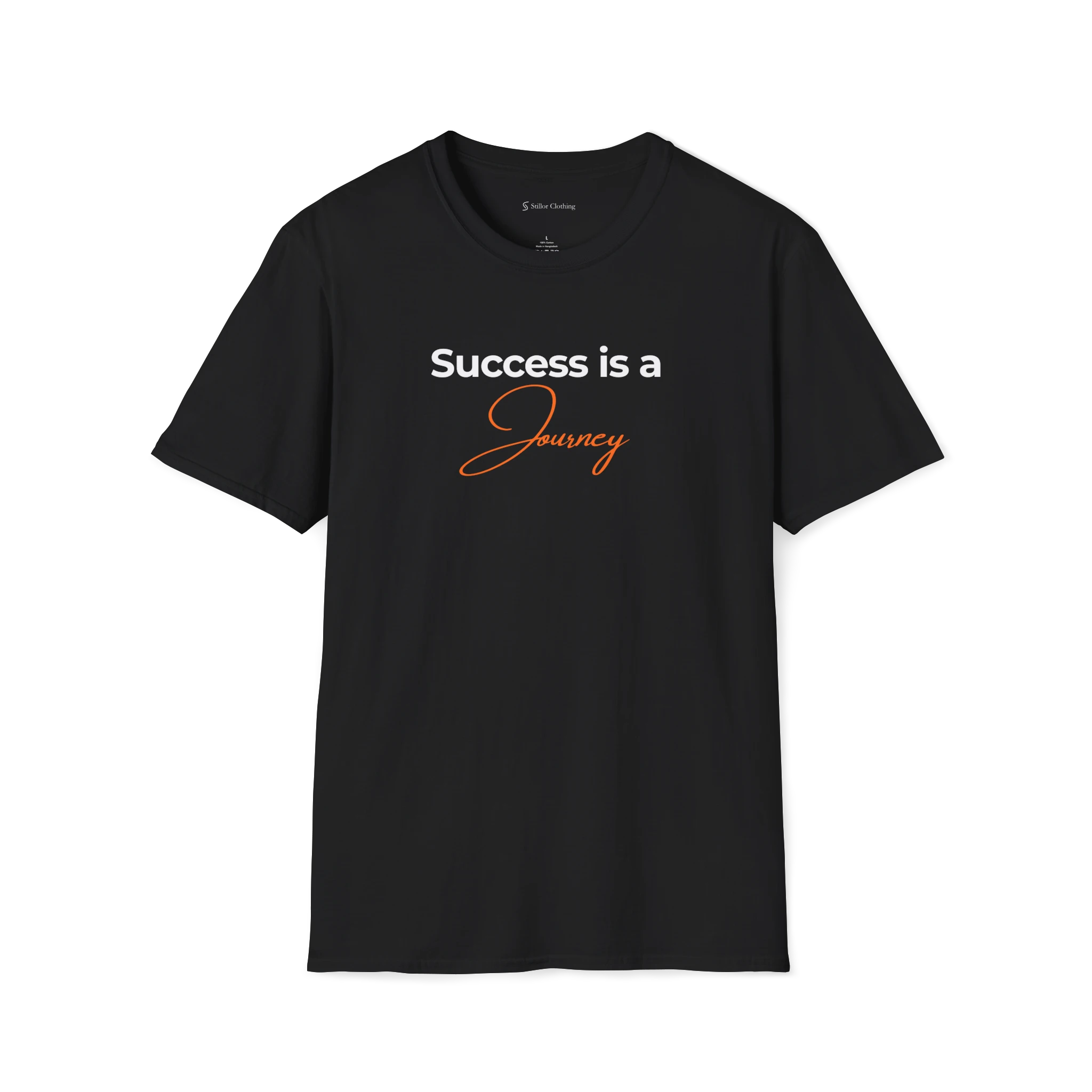 Black Success Is A Journey T-shirt, front view with white and orange typography design