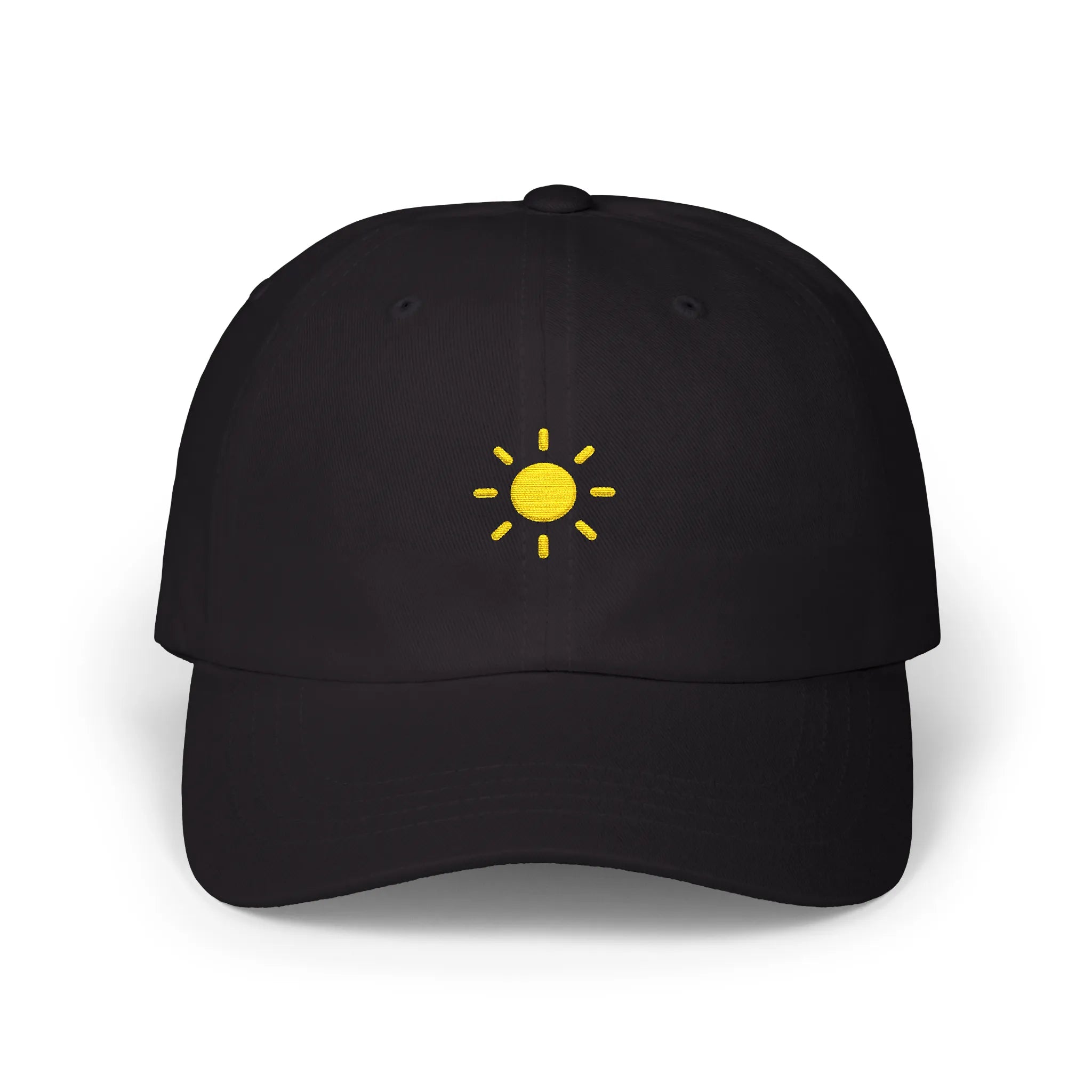 Black sun baseball cap, front view with small yellow sun embroidery at center