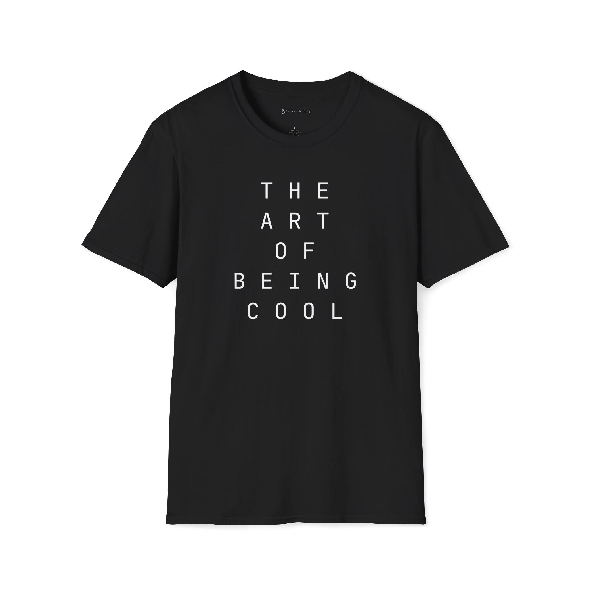 Black The Art Of Being Cool T-shirt, front view with spaced white typography across the chest.