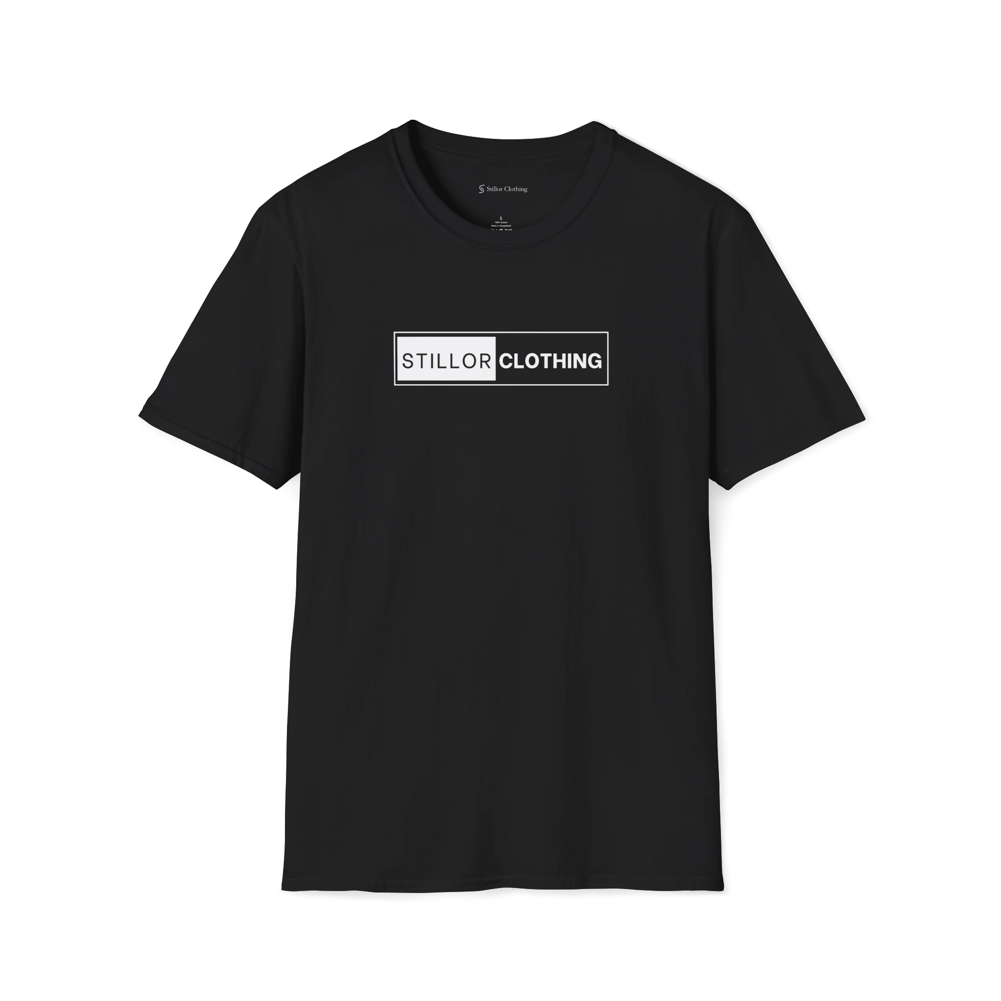 Black The Contrast t-shirt, front view with boxed Stillor Clothing logo print.