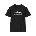 Black Urban Essential T-shirt, front view with bold urban text and outlined essential lettering