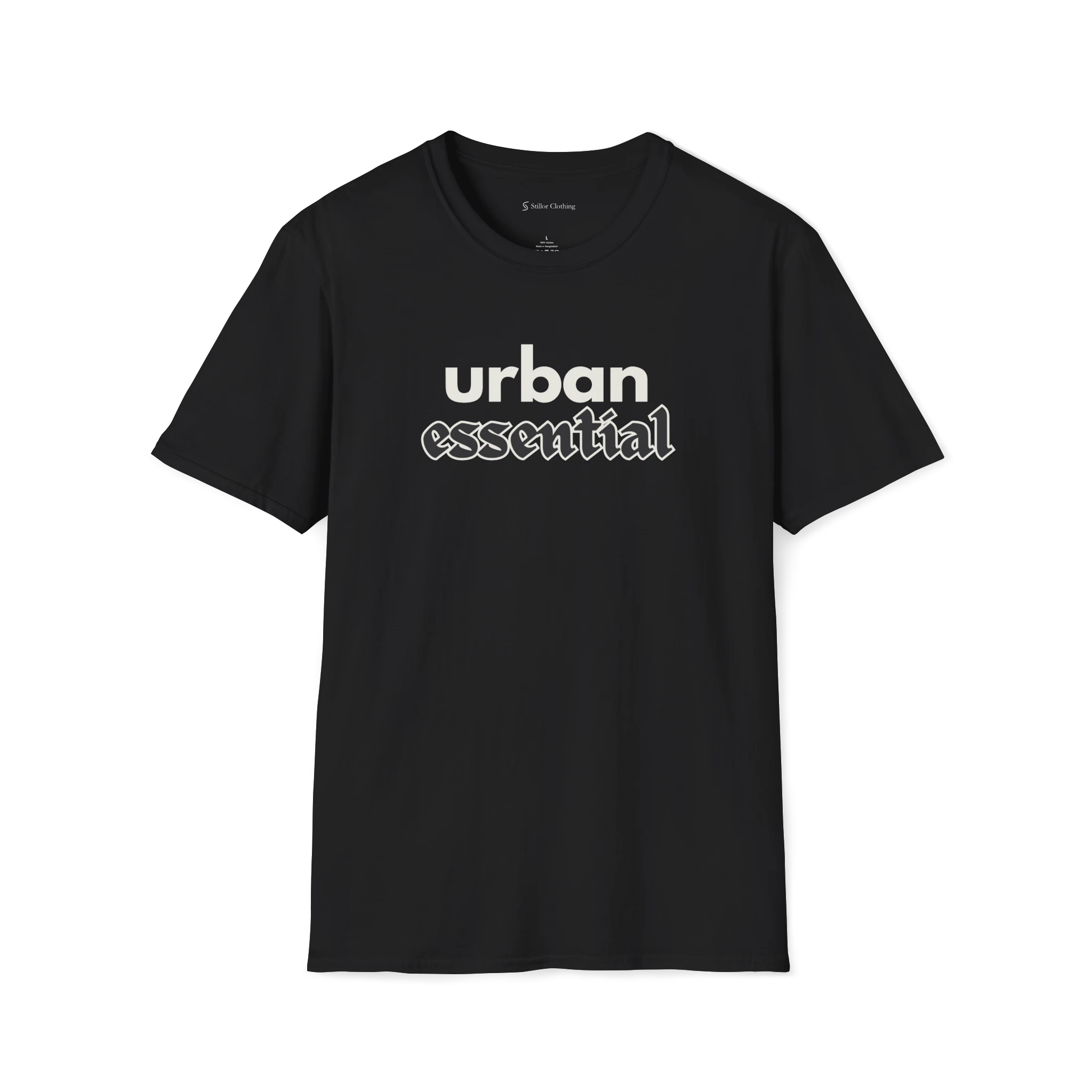 Black Urban Essential T-shirt, front view with bold urban text and outlined essential lettering
