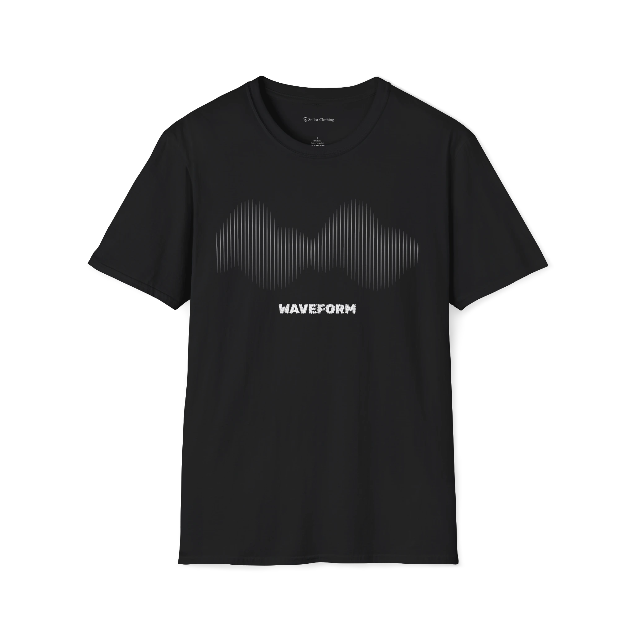Black Waveform T-Shirt, front view with sound wave line graphic