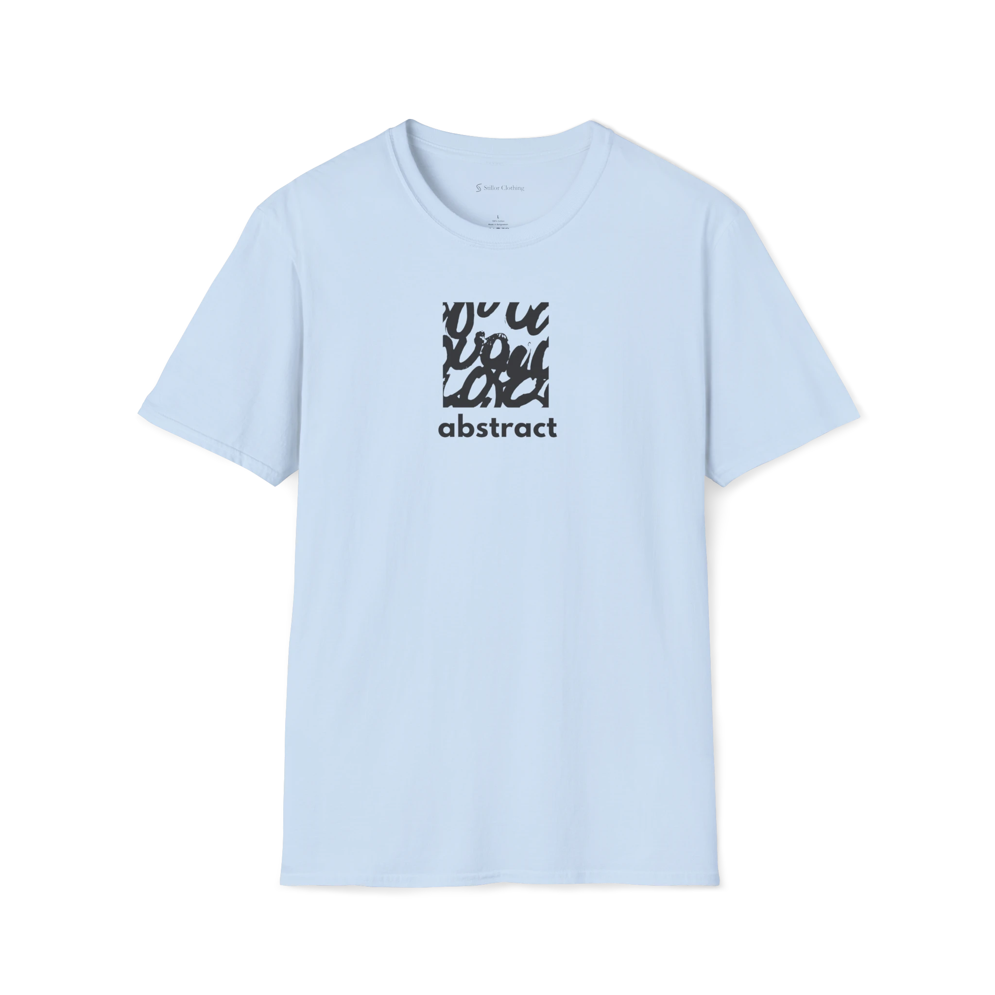 Light Blue t-shirt with black abstract design and text on a white background