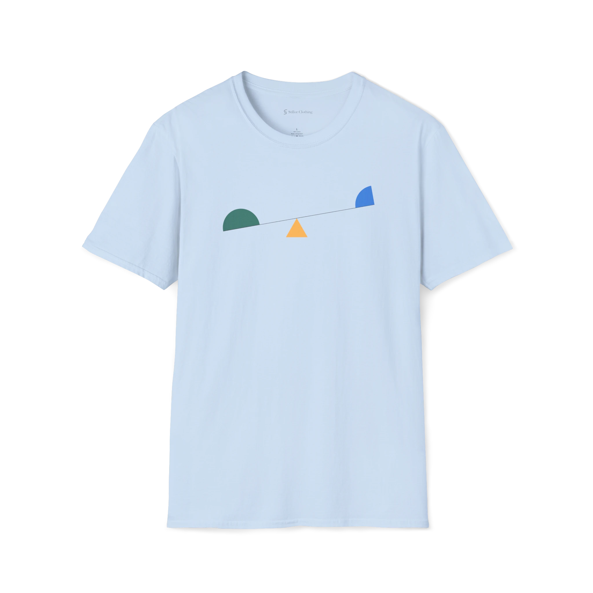 Light Blue Balance T-shirt, front view with minimalist geometric seesaw design in green, yellow, and blue
