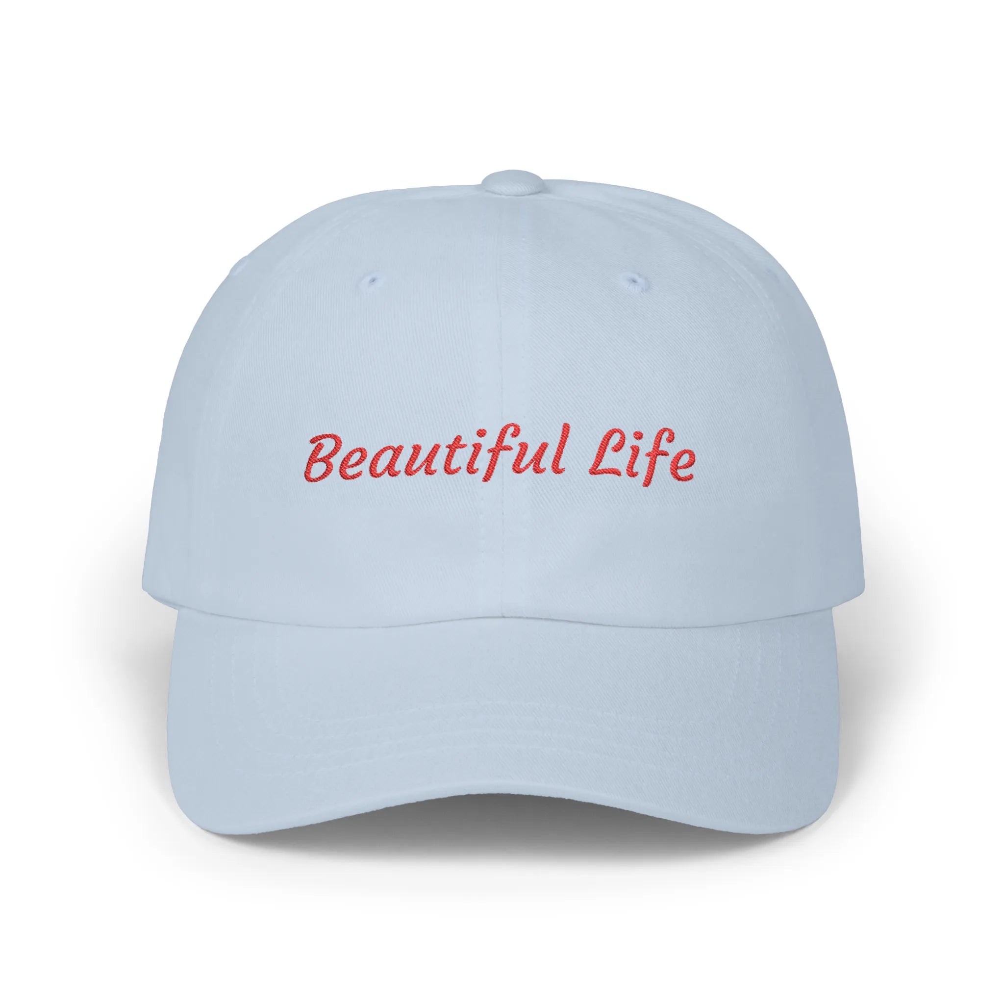 Light Blue Beautiful Life cap, front view with red embroidered Beautiful Life script