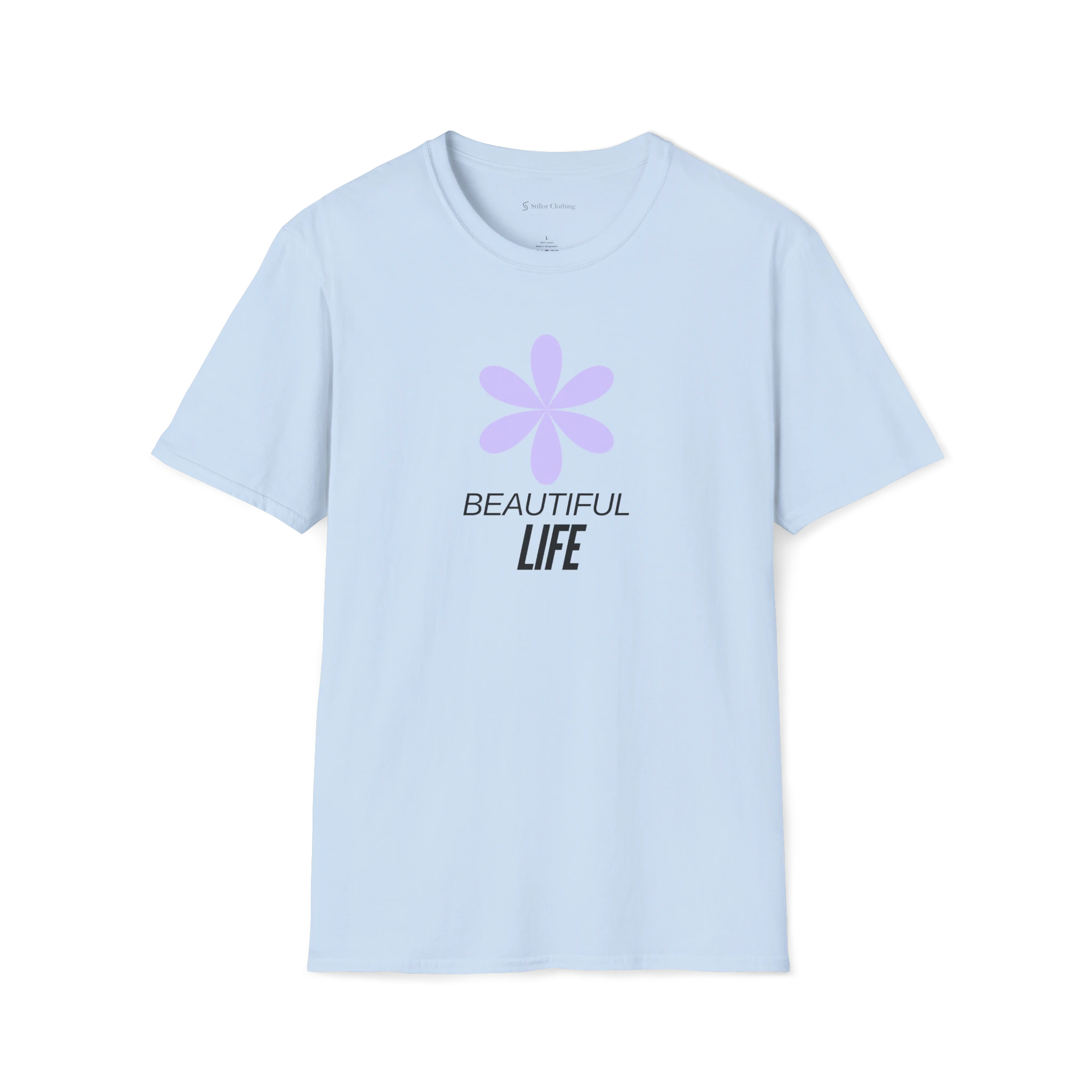 Light Blue  Beautiful Life T-Shirt, front view with purple flower graphic and black text print