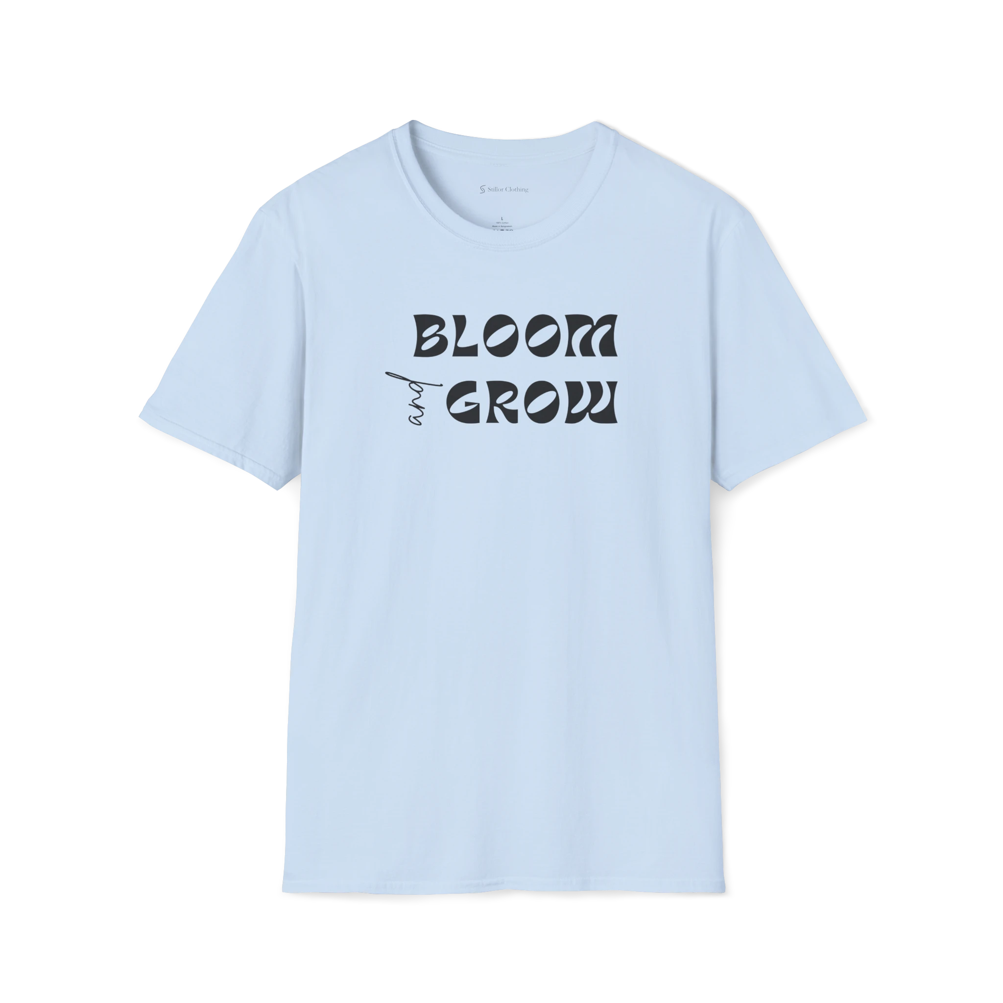 Light Blue Bloom and Grow T-shirt, front view with black retro lettering and small hand-drawn sprout detail