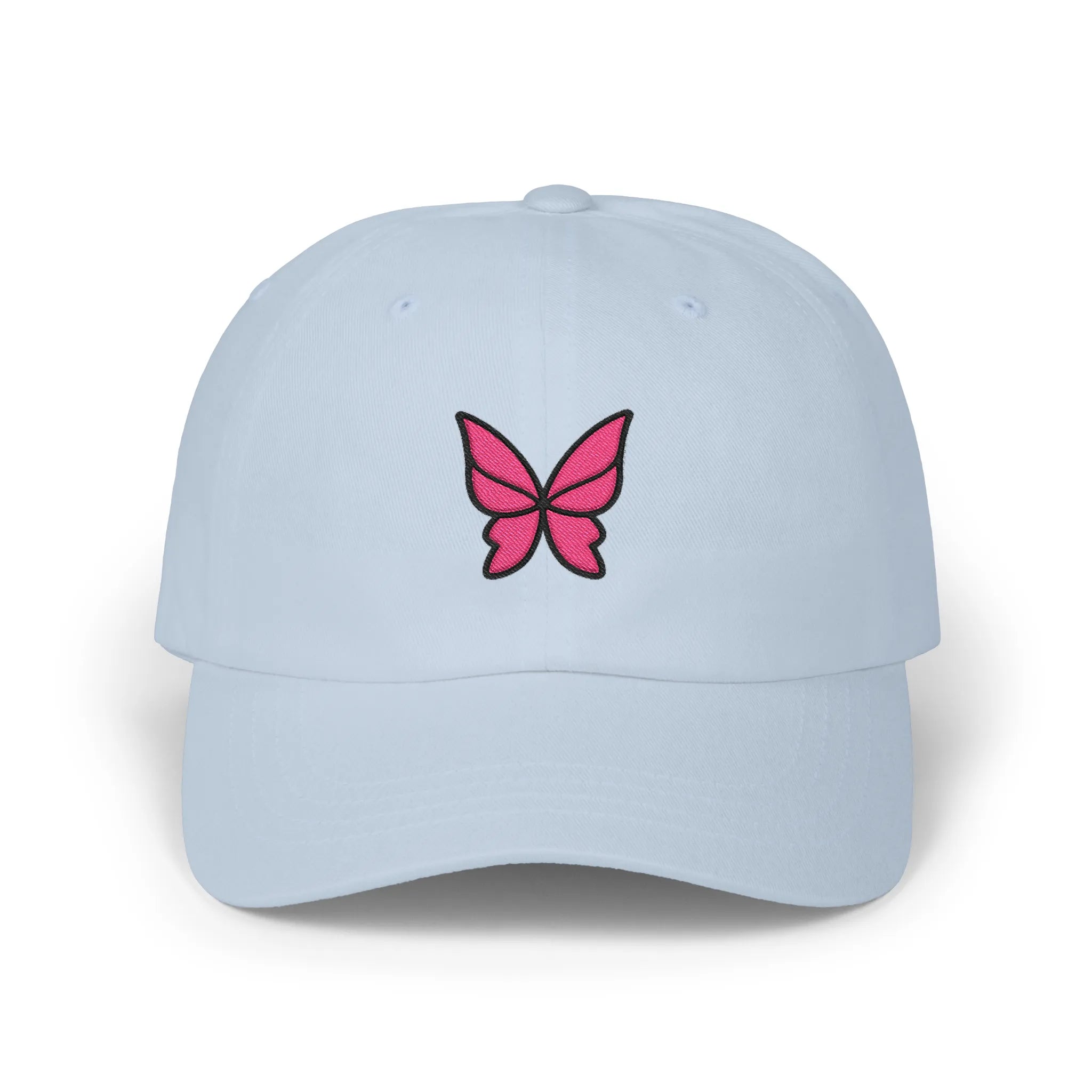 Light Blue butterfly baseball cap, front view with pink butterfly embroidery outlined in black