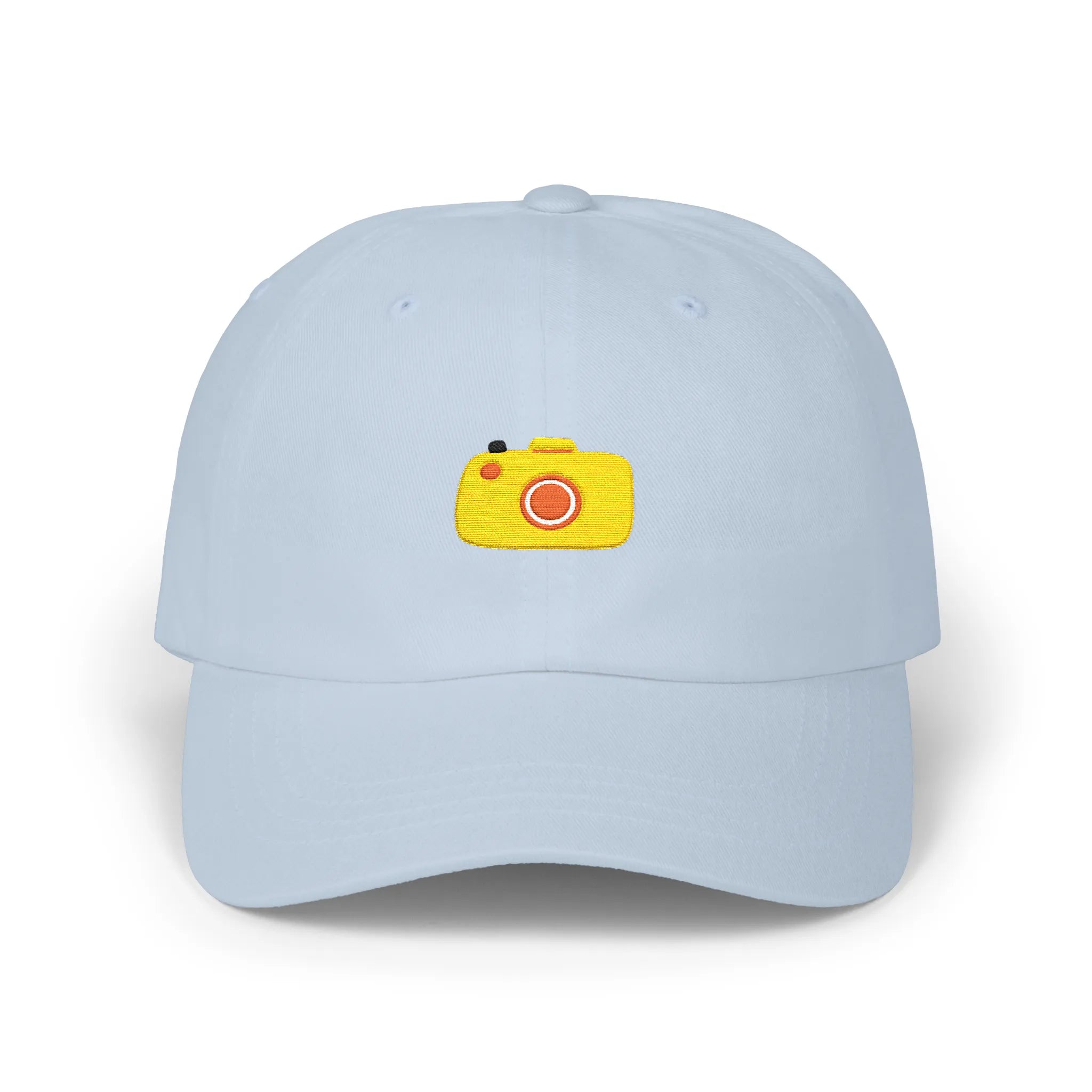 Light Blue capture baseball cap, front view with yellow camera embroidery and orange lens