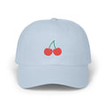 Light Blue cherry baseball cap, front view with two red cherry embroideries and green stems