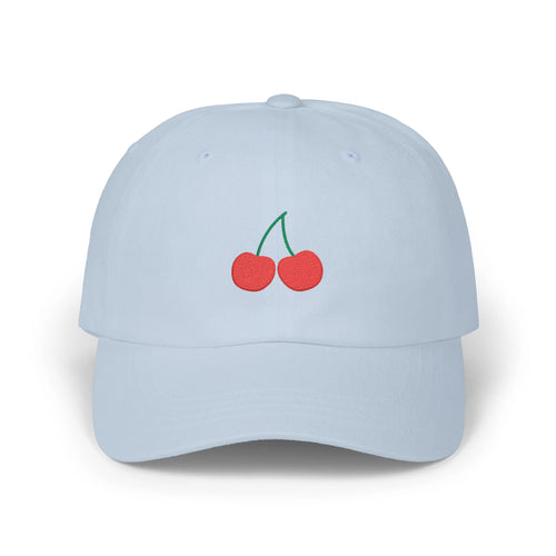 Light Blue cherry baseball cap, front view with two red cherry embroideries and green stems