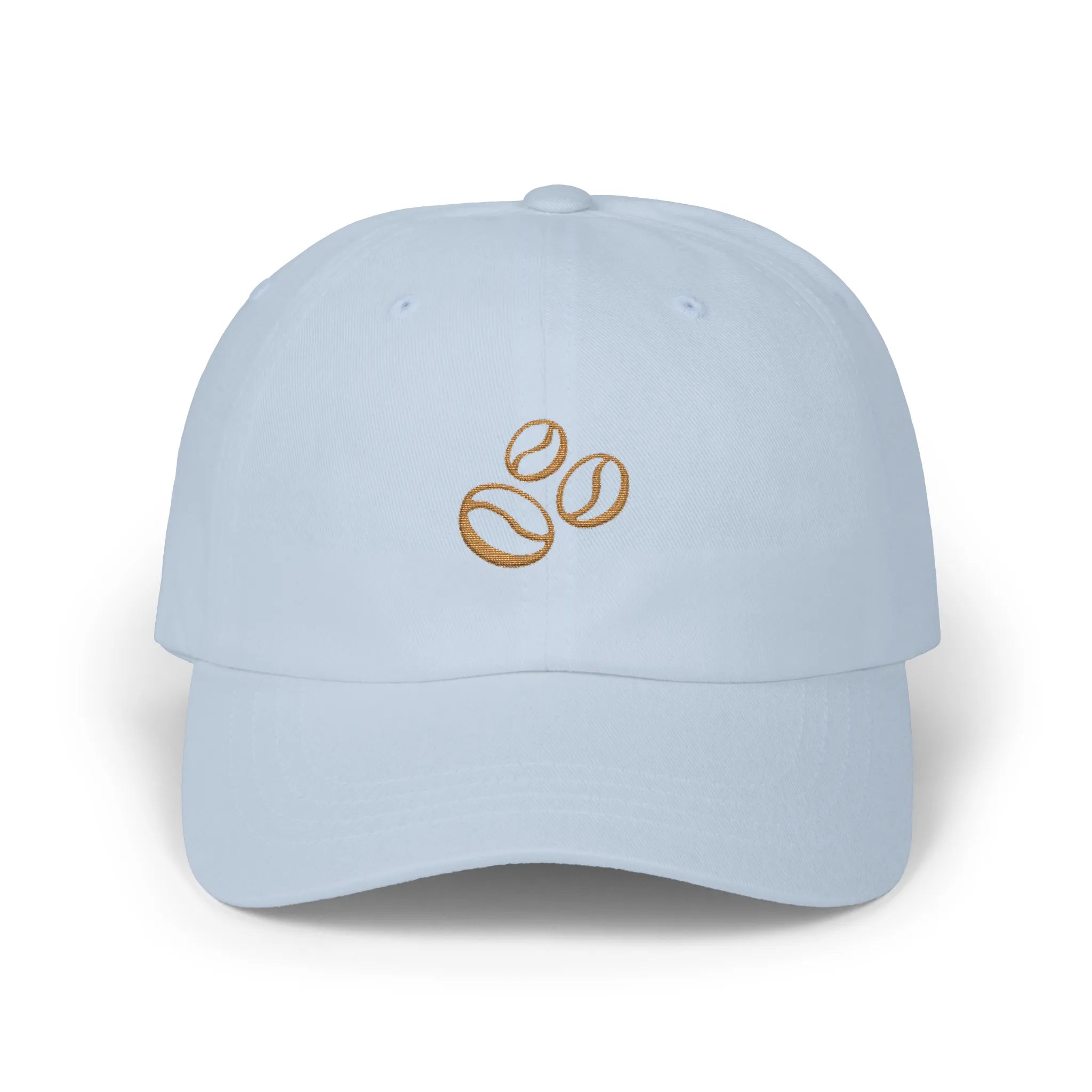 Light Blue coffee beans baseball cap, front view with three brown coffee bean embroideries