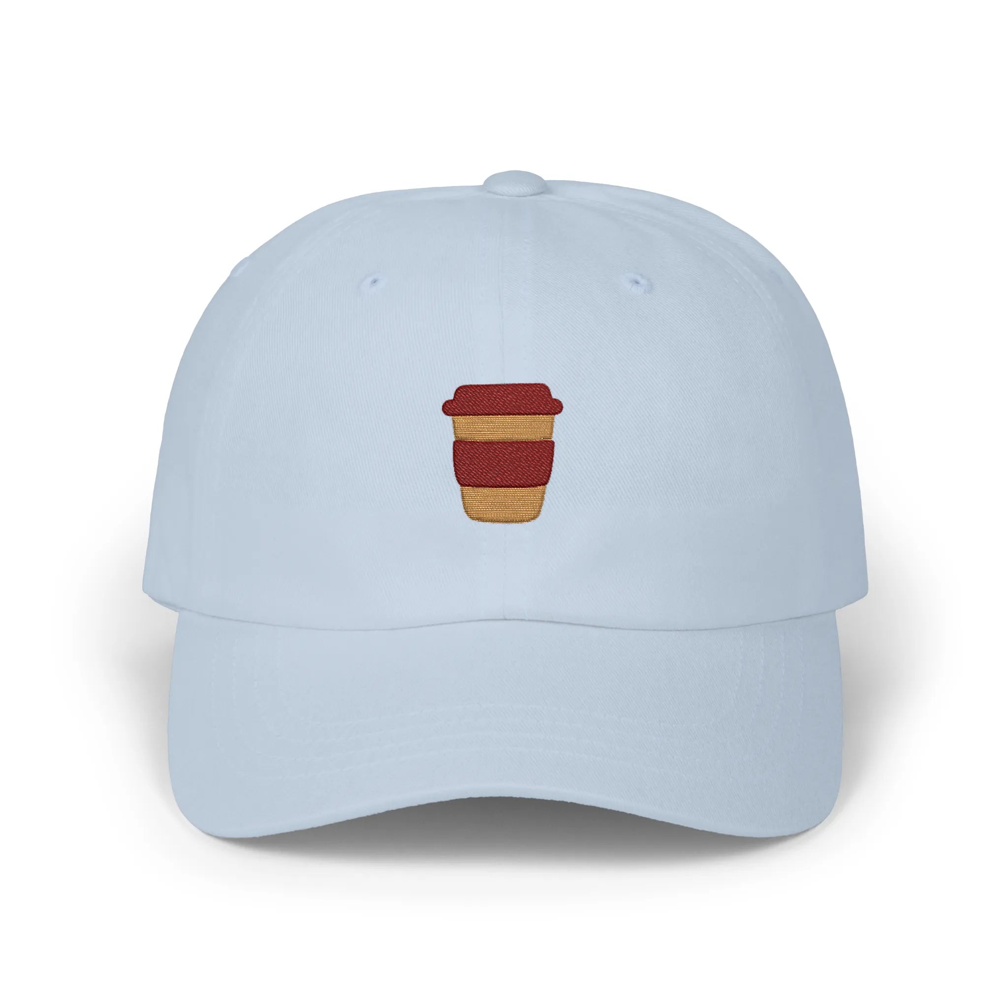 Light Blue coffee mug baseball cap, front view with brown takeaway cup embroidery