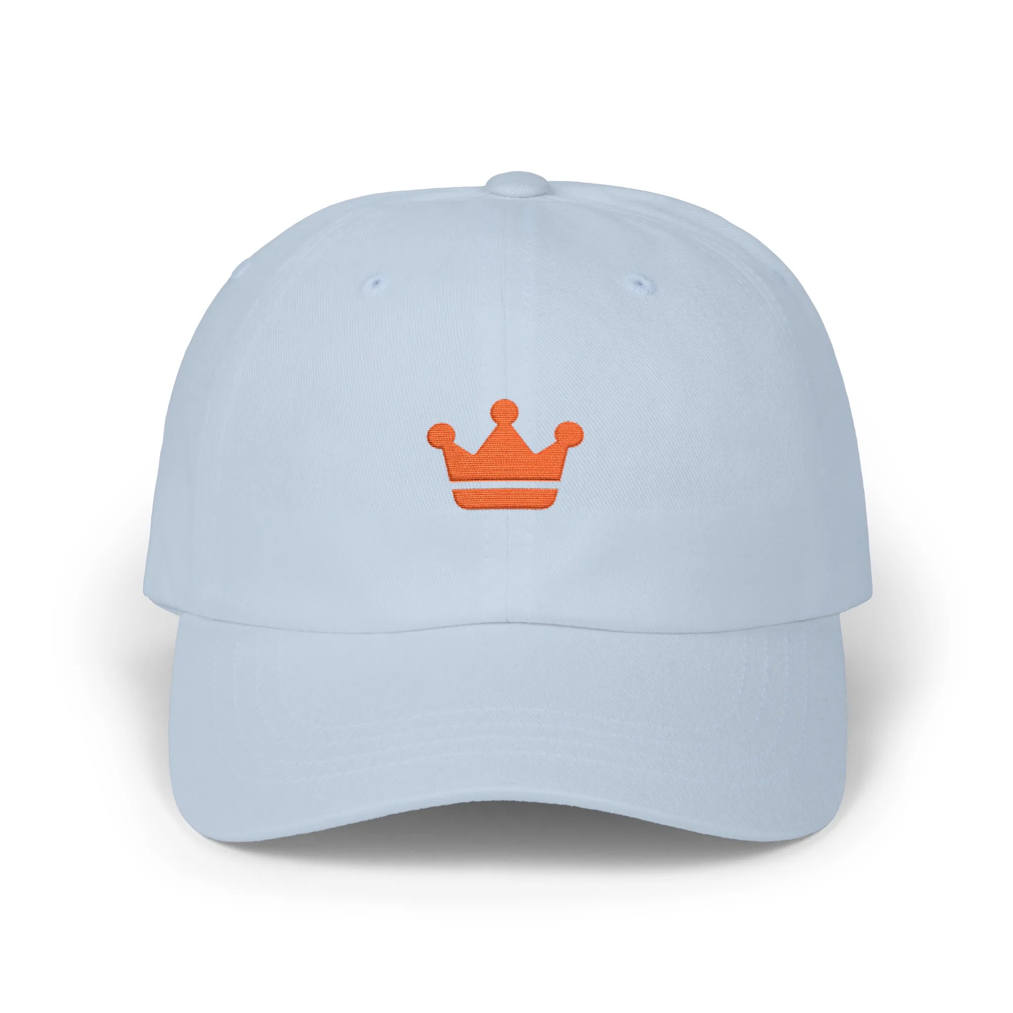 Light Blue crown baseball cap, front view with orange crown embroidery at center