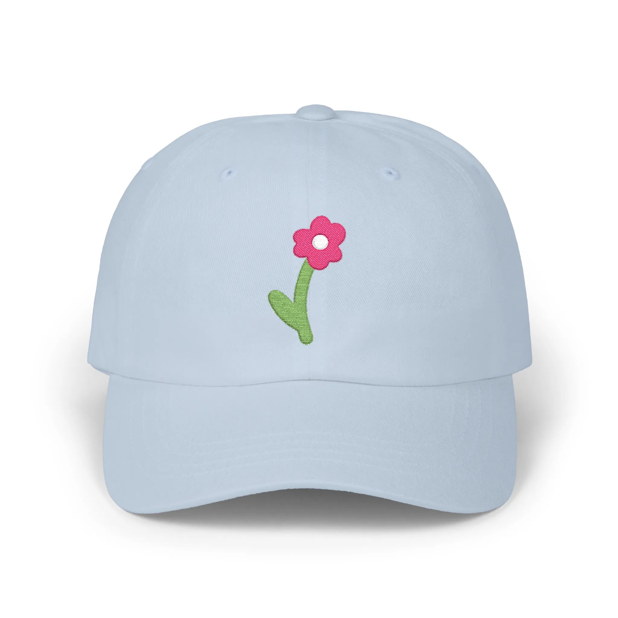 Light Blue cute flower baseball cap, front view with pink flower and green stem embroidery