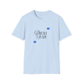 Light Blue DreamScape t-shirt, front view with elegant Dream Scape lettering and blue sparkle accents