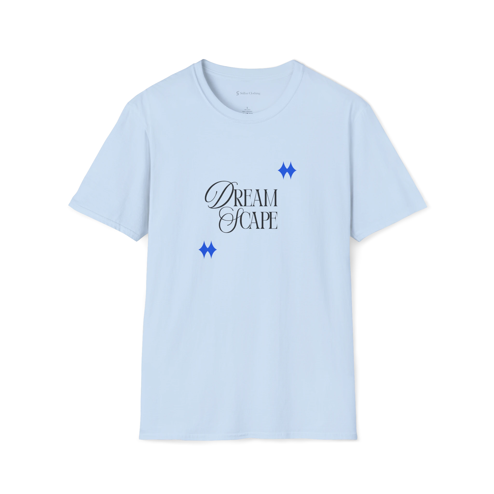 Light Blue DreamScape t-shirt, front view with elegant Dream Scape lettering and blue sparkle accents