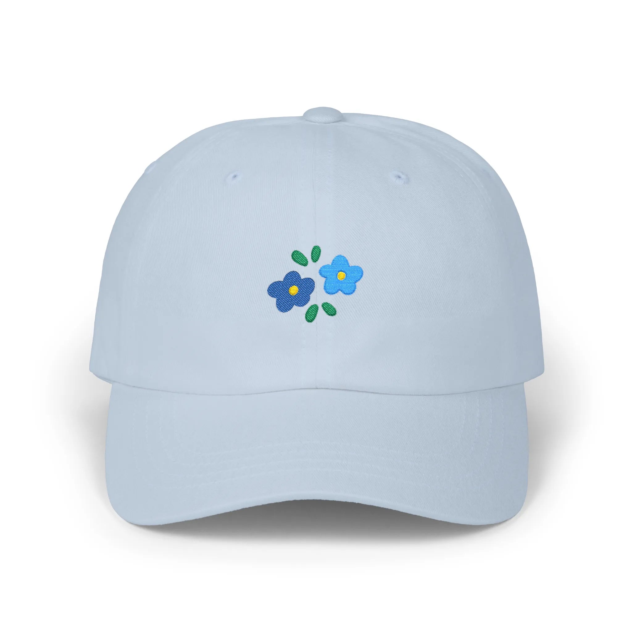 Light Blue flowers baseball cap, front view with two blue flower embroideries and green leaves