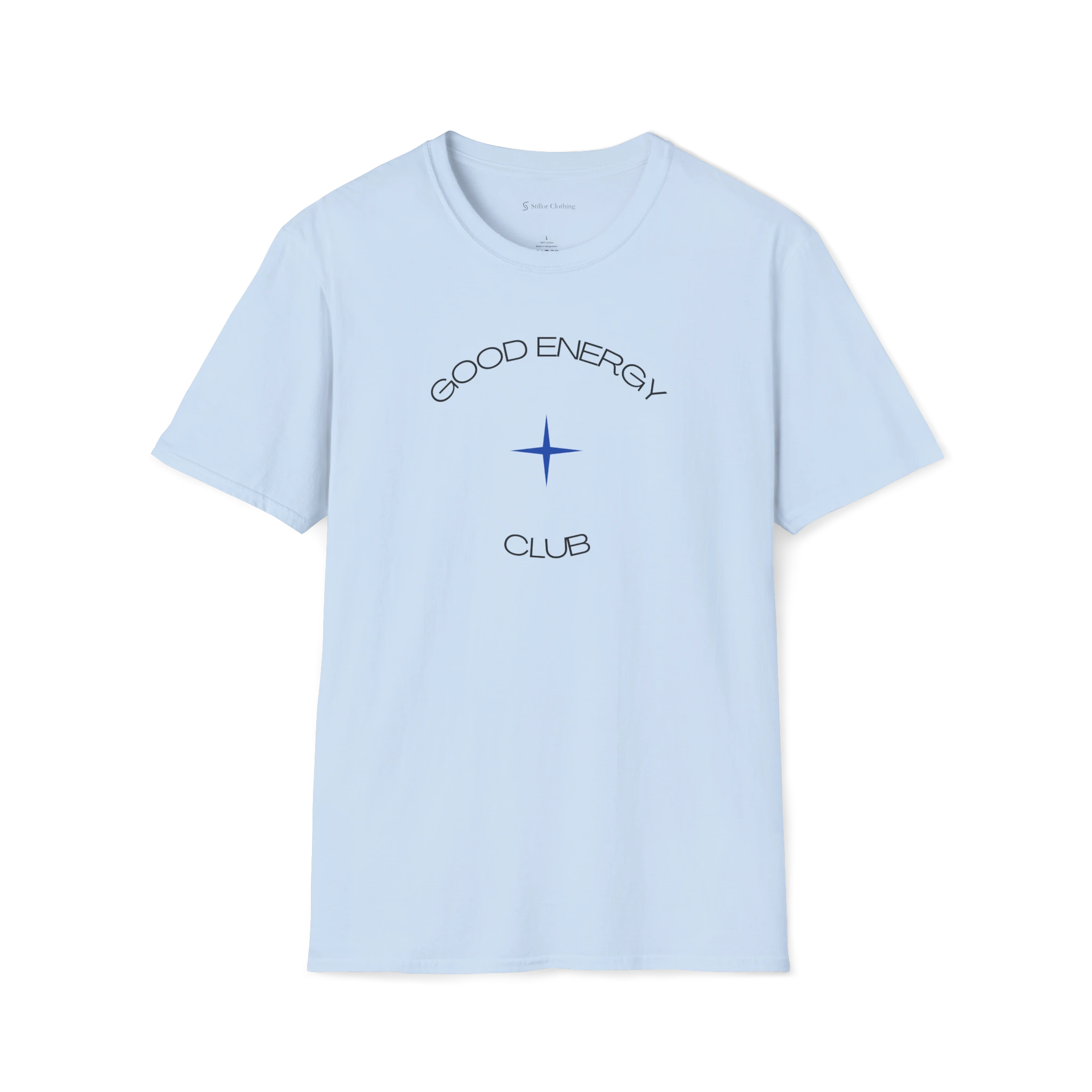 Light Blue Good Energy Club T-shirt, front view with curved text and blue star graphic