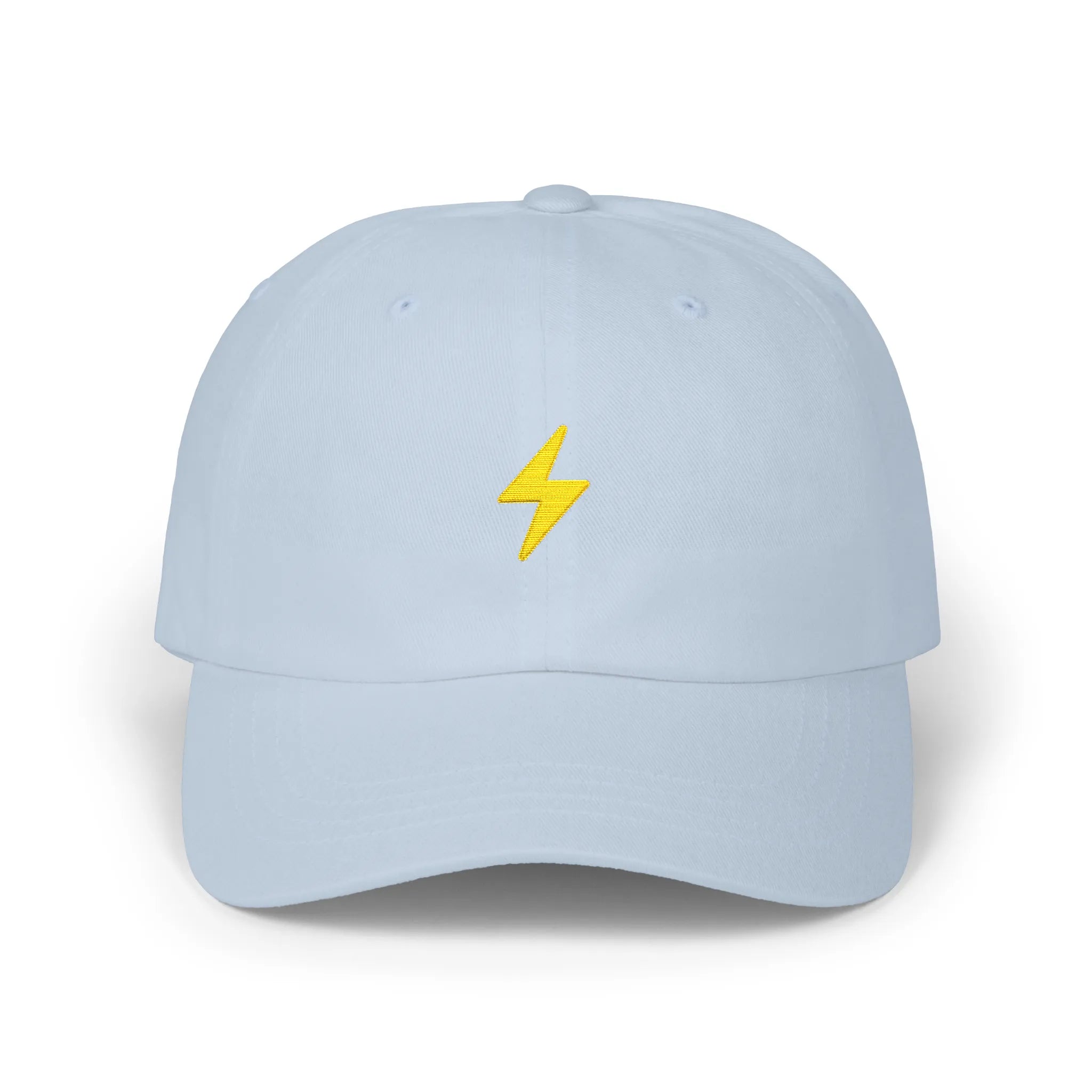 Light Blue lightning bolt baseball cap, front view with yellow bolt embroidery at center