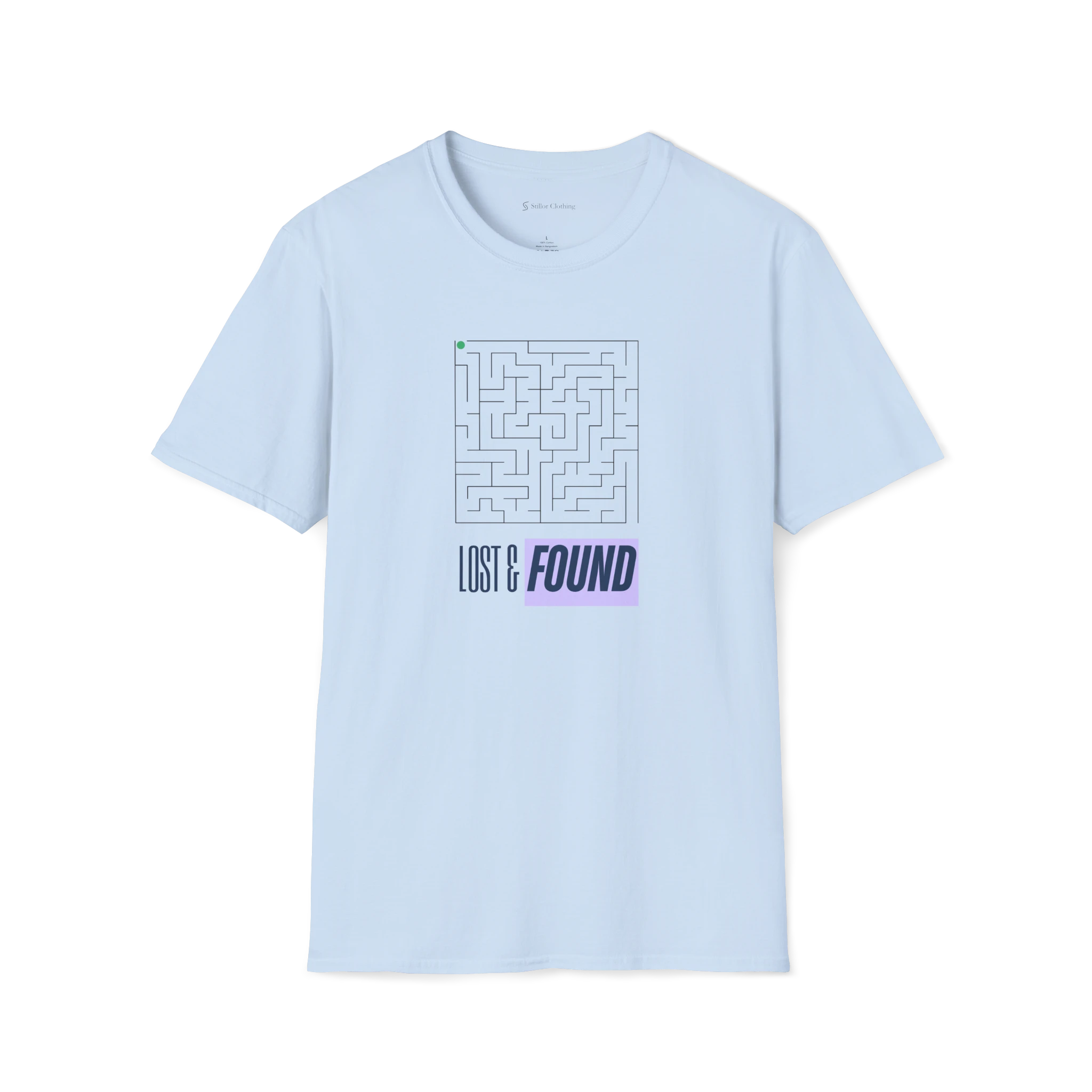 Light Blue Lost & Found T-Shirt, front view with maze graphic, green dot, and purple FOUND text block.