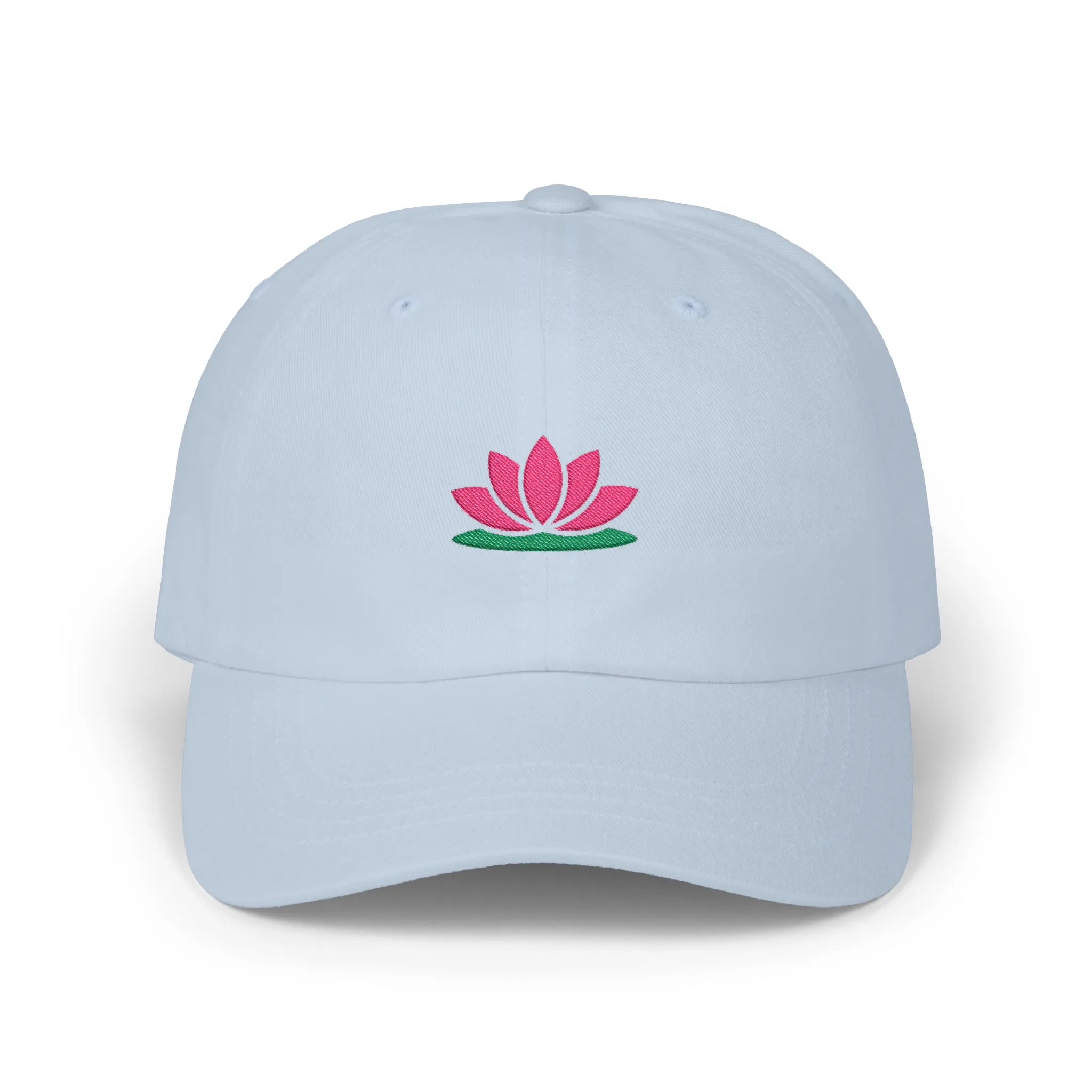 Light Blue lotus baseball cap, front view with pink lotus flower embroidery over green base