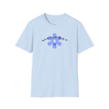 Light Blue Manifest It T-Shirt, front view with curved text and blue flower graphic on the chest