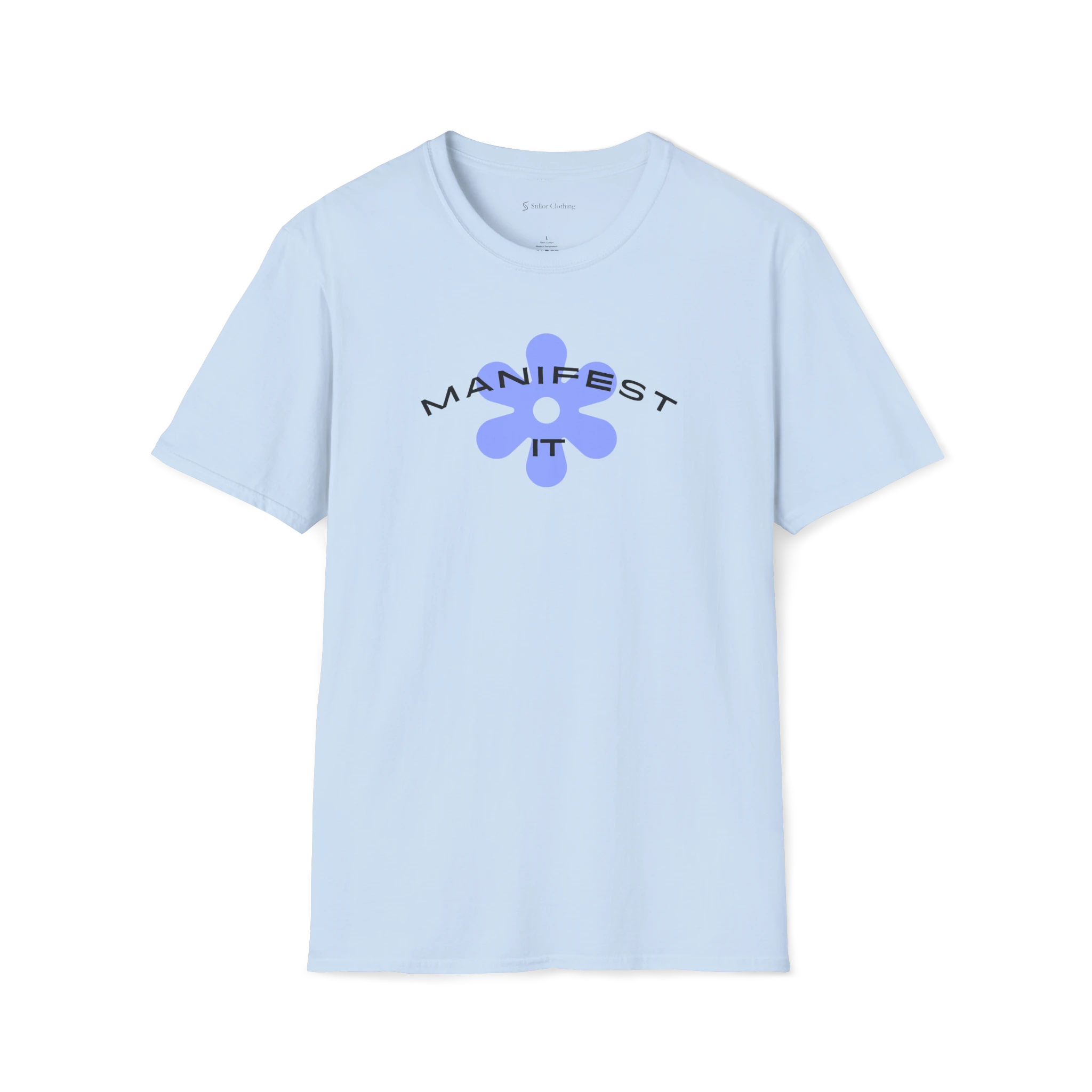 Light Blue Manifest It T-Shirt, front view with curved text and blue flower graphic on the chest