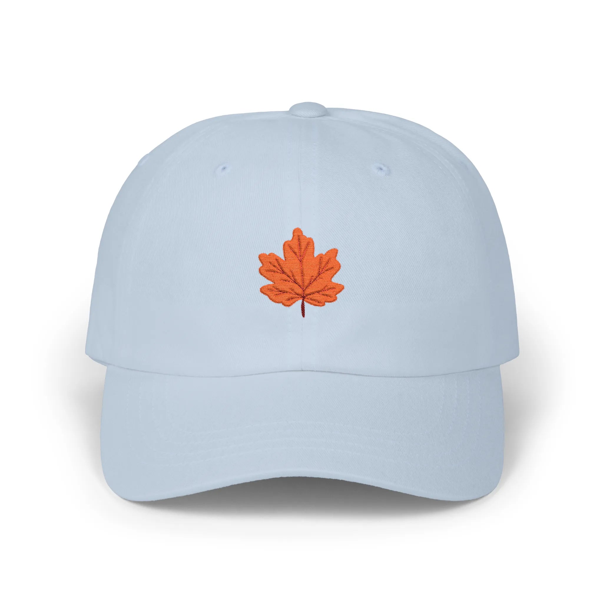 Light Blue maple leaf baseball cap, front view with orange maple leaf embroidery at center
