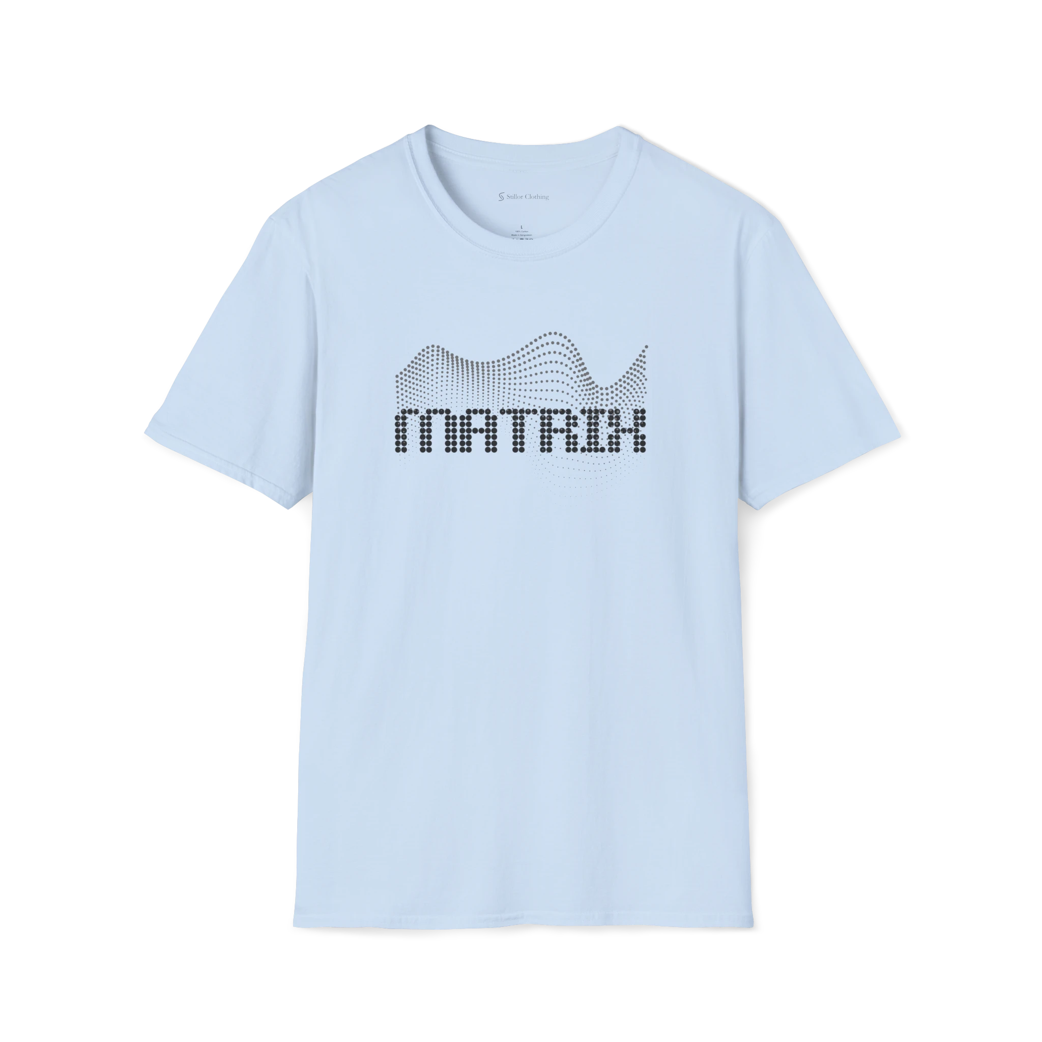 Light Blue Matrix T-shirt, front view with black dotted wave graphic and matrix text.