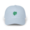Light Blue monstera leaf baseball cap, front view with green monstera leaf embroidery