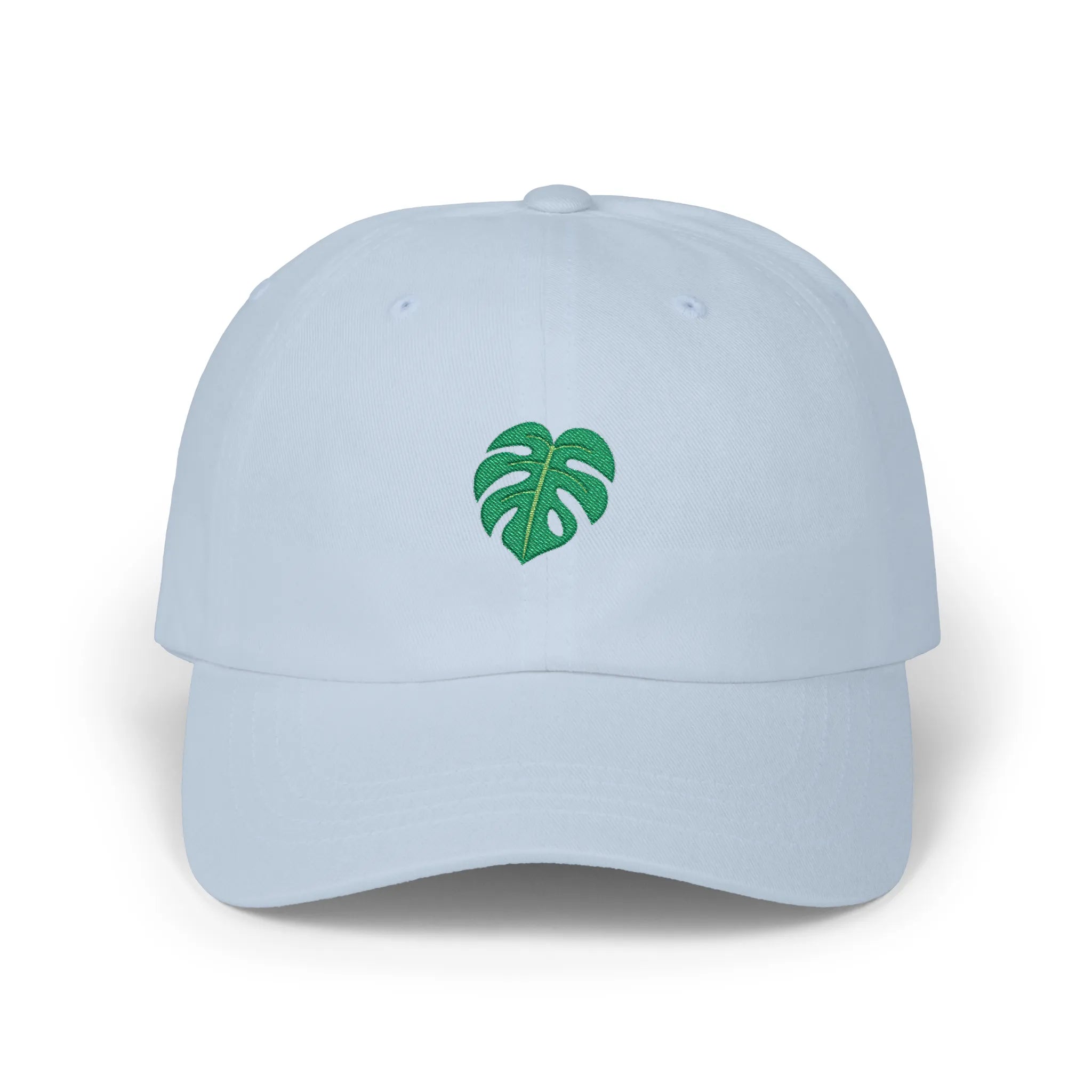 Light Blue monstera leaf baseball cap, front view with green monstera leaf embroidery