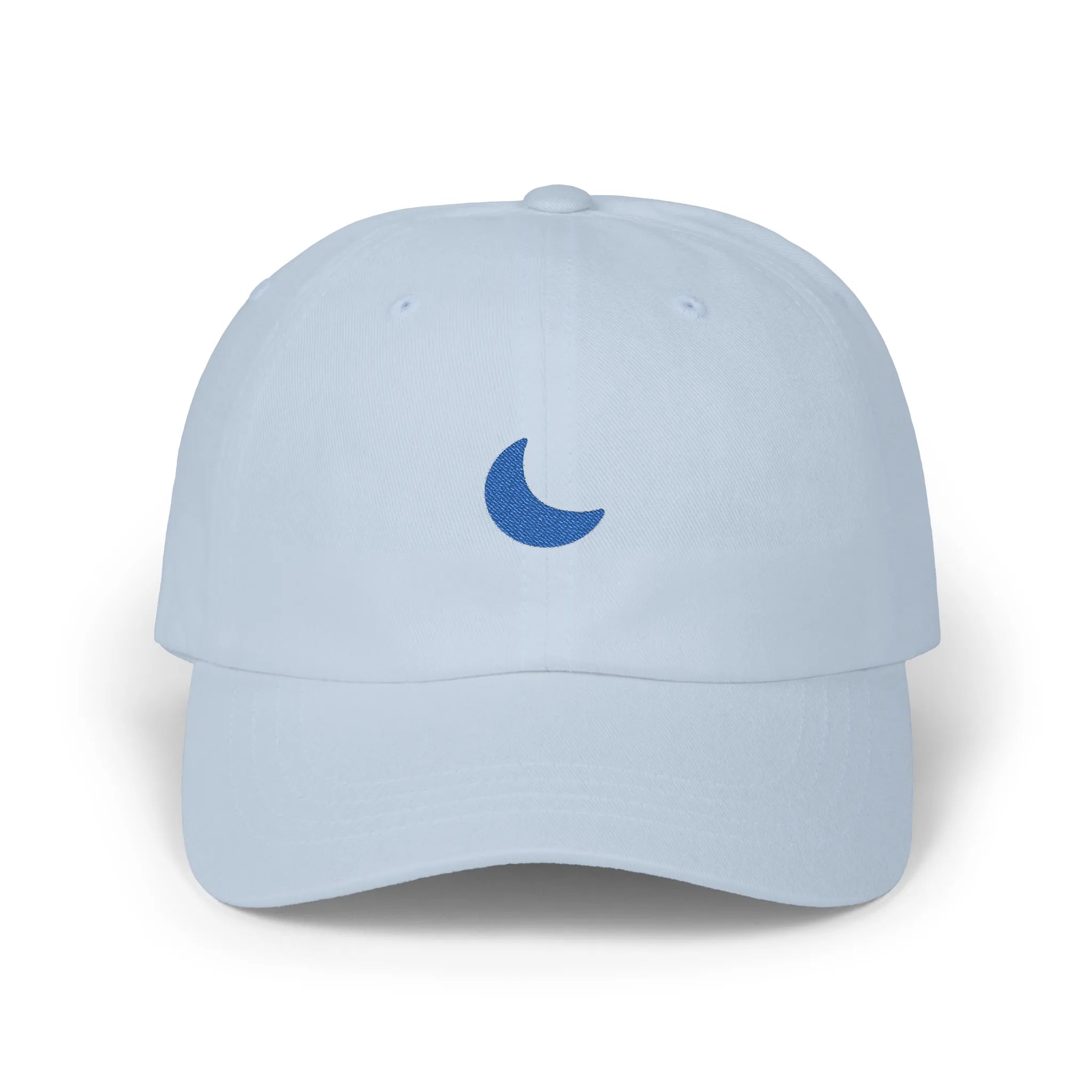 Light Blue moon baseball cap, front view with blue crescent moon embroidery at center