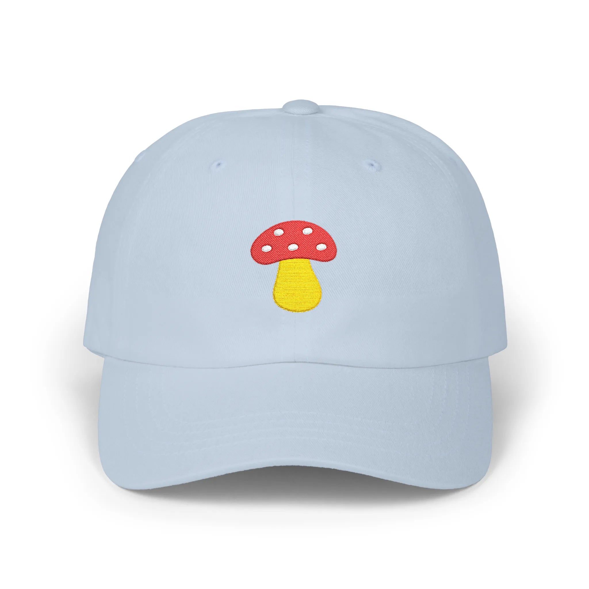 Light Blue mushroom baseball cap, front view with red and yellow mushroom embroidery