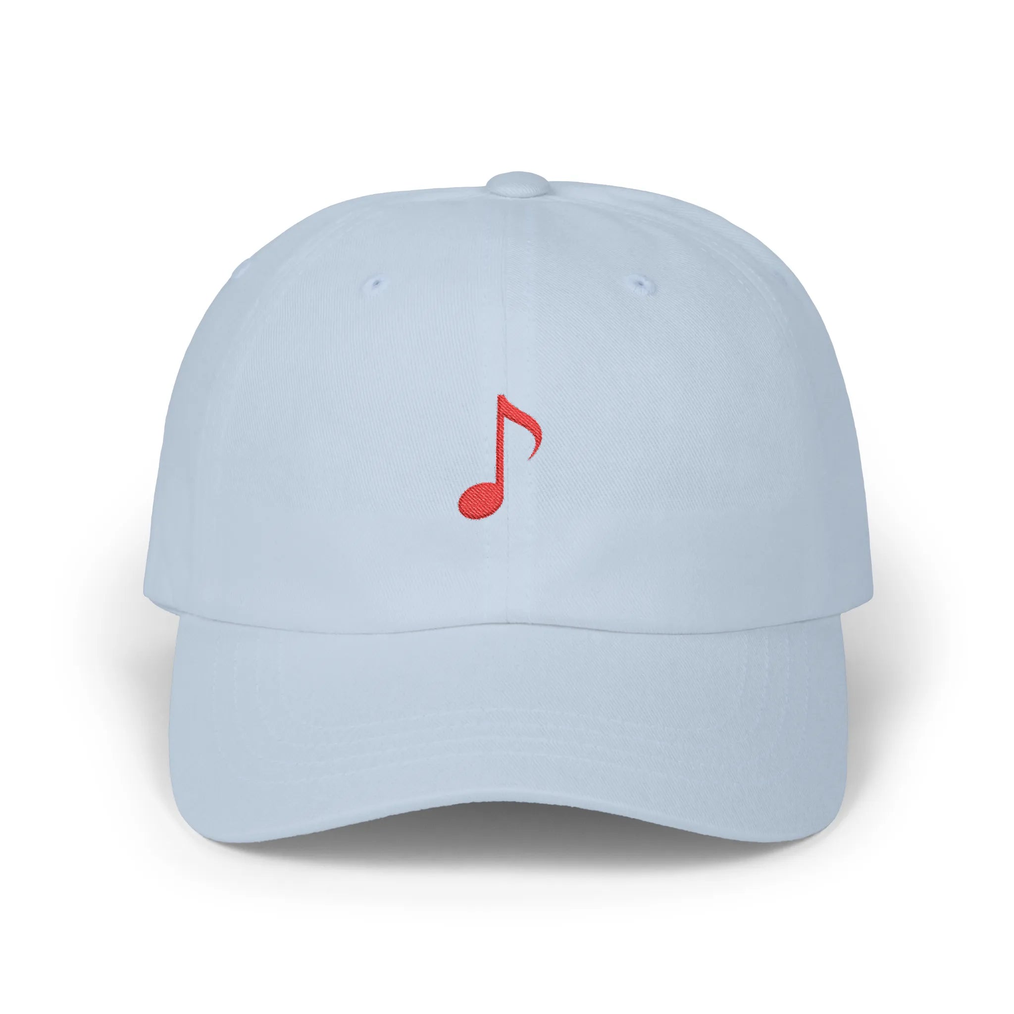 Light Blue music note baseball cap, front view with red music note embroidery at center