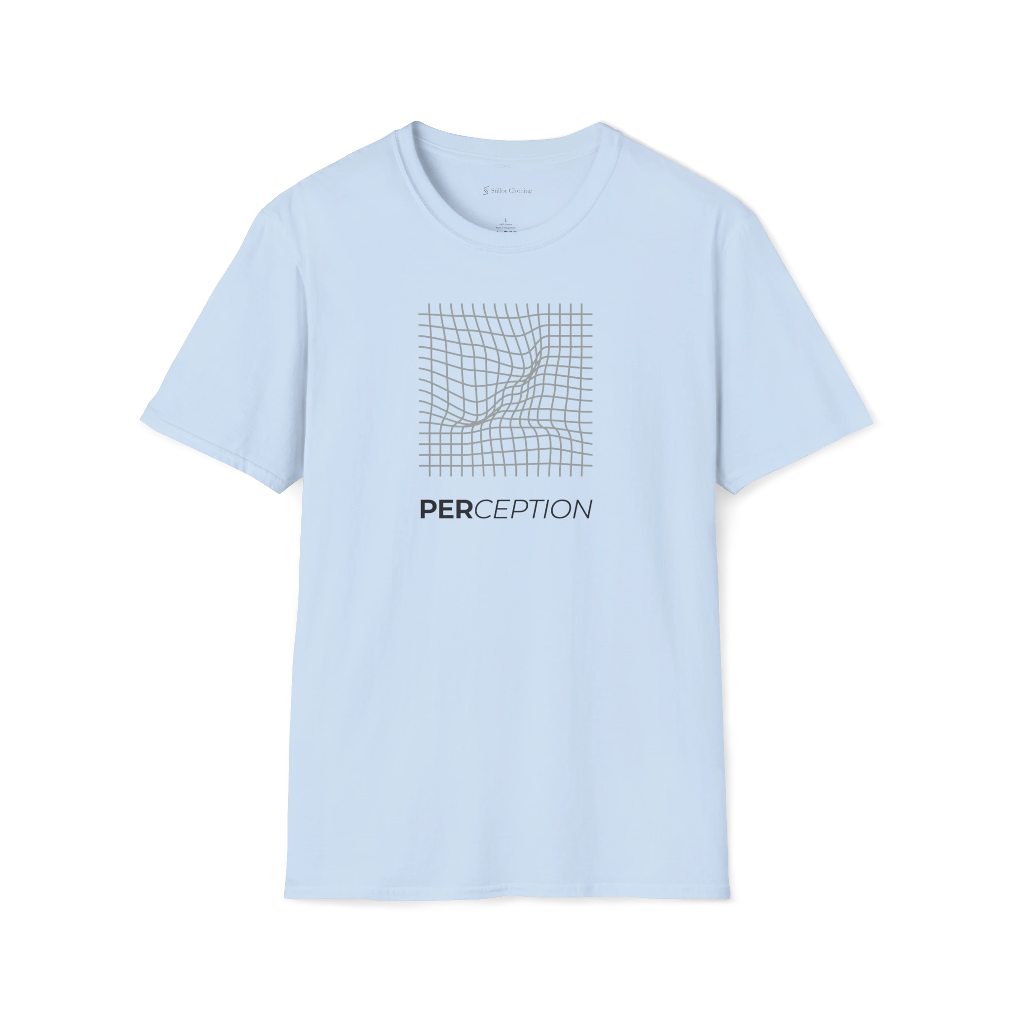 Light Blue Perception T-shirt, front view with grey warped grid graphic and bold PERCEPTION text.
