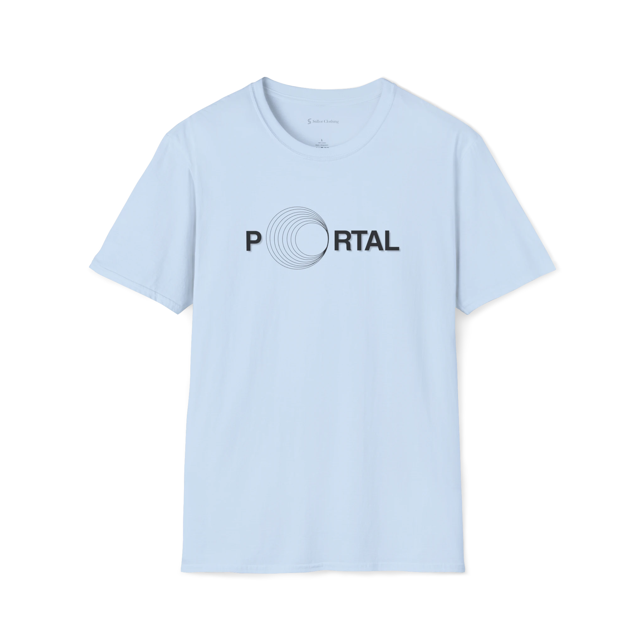 Light Blue Portal T-Shirt, front view with circular tunnel graphic replacing the O in Portal