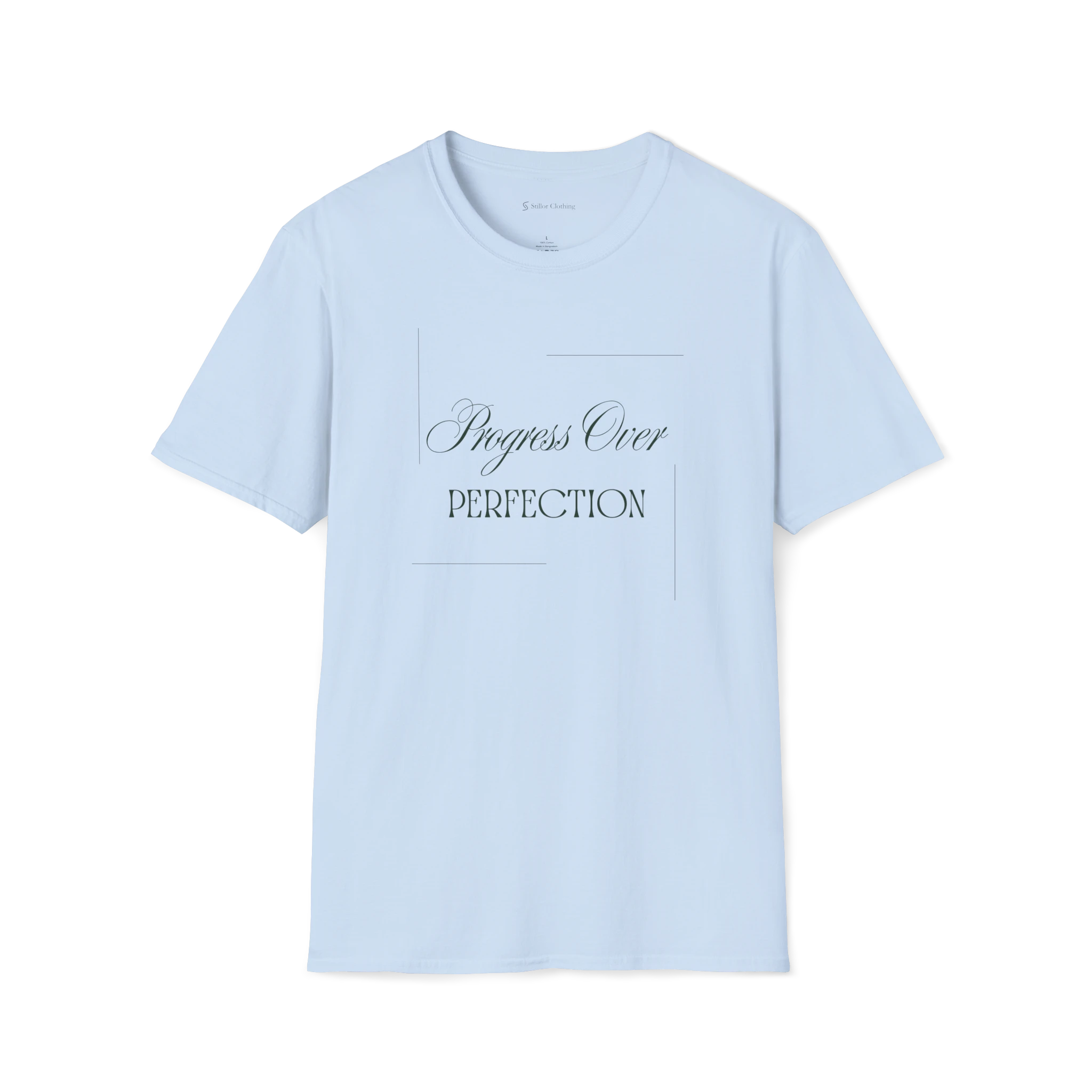 Light Blue Progress Over Perfection T-Shirt, front view with elegant script and serif text print.