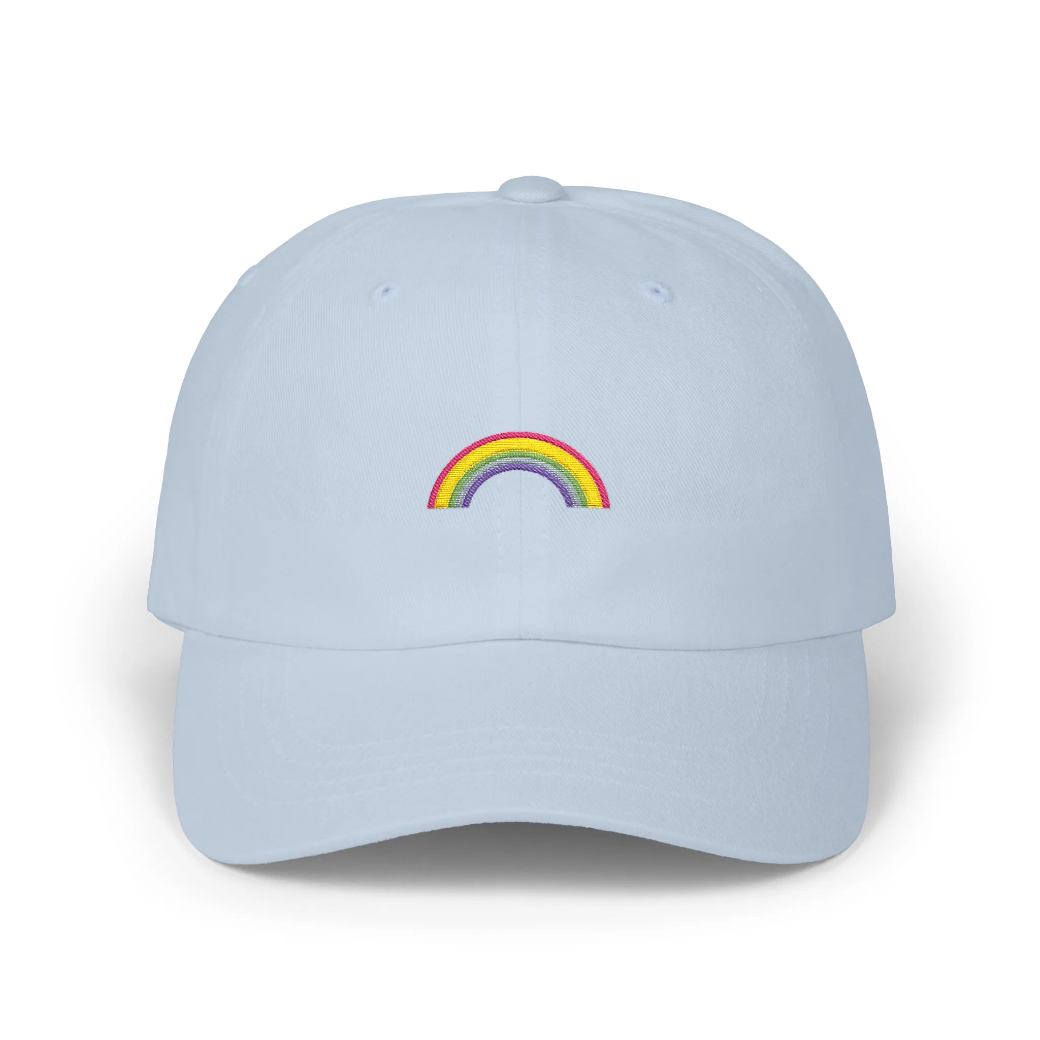 Light Blue rainbow baseball cap, front view with small multicolor rainbow embroidery