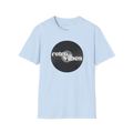 Light Blue Retro Vibes t-shirt, front view with black vinyl record graphic and bold retro lettering