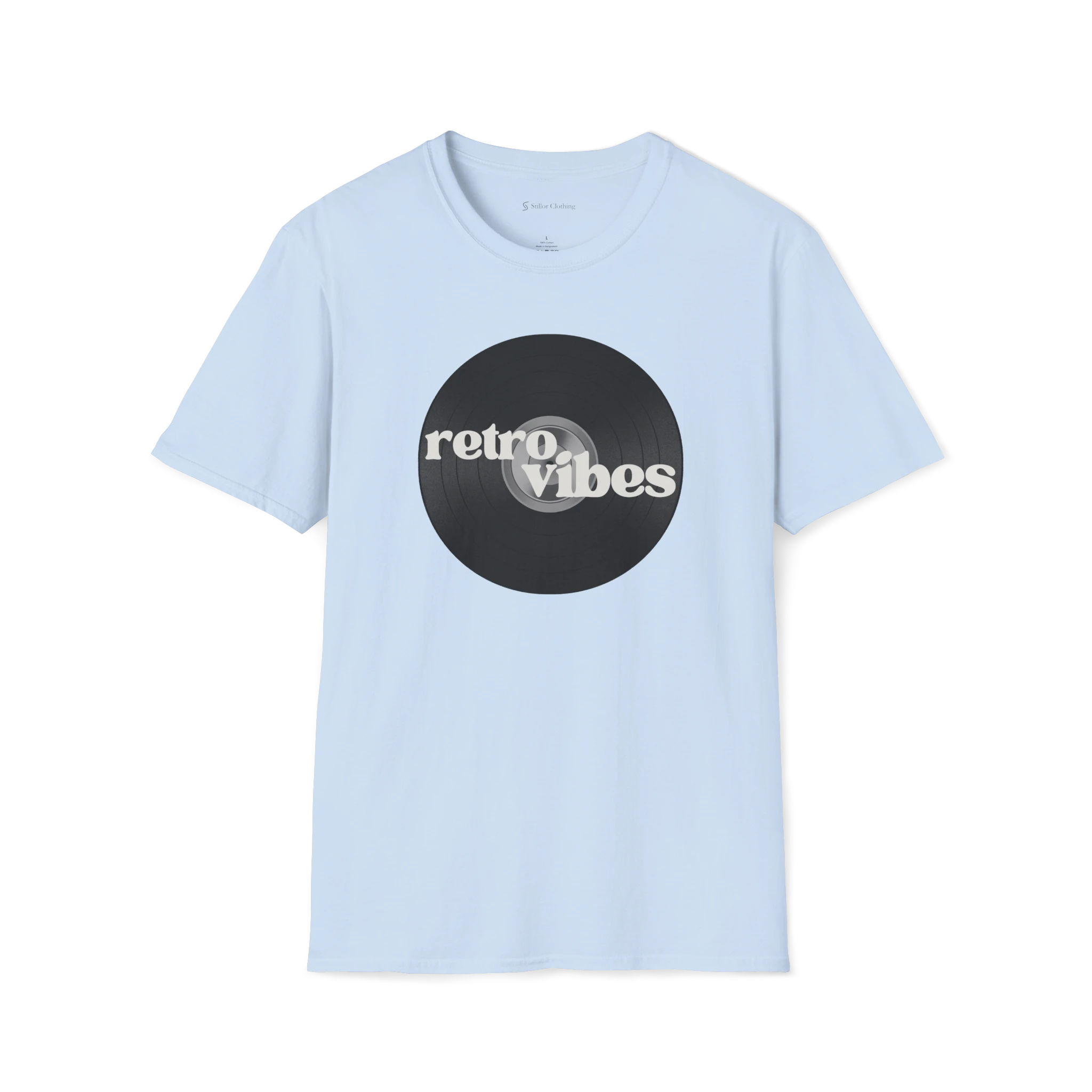 Light Blue Retro Vibes t-shirt, front view with black vinyl record graphic and bold retro lettering