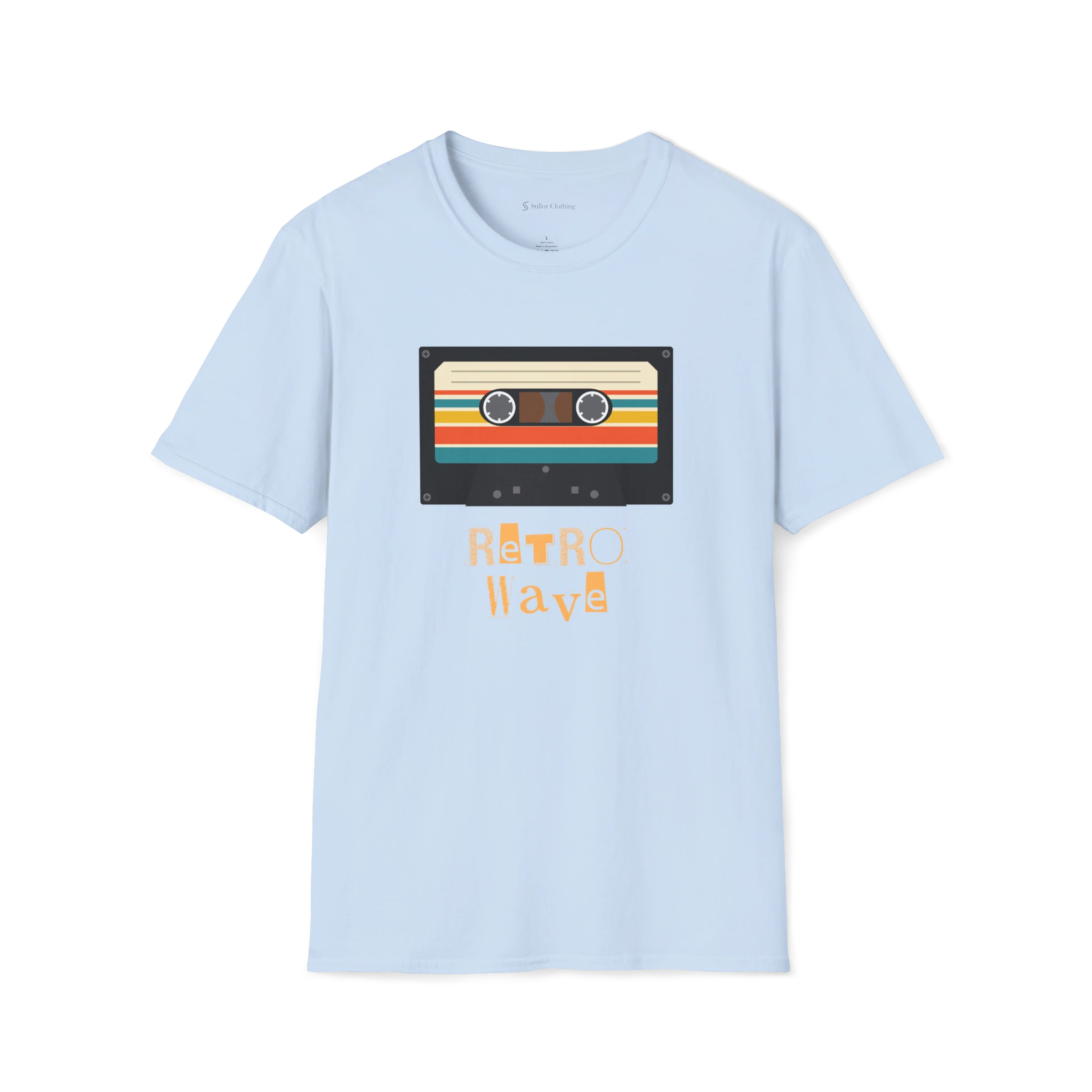 Light Blue Retro Wave T-Shirt, front view with cassette tape graphic and orange retro lettering.