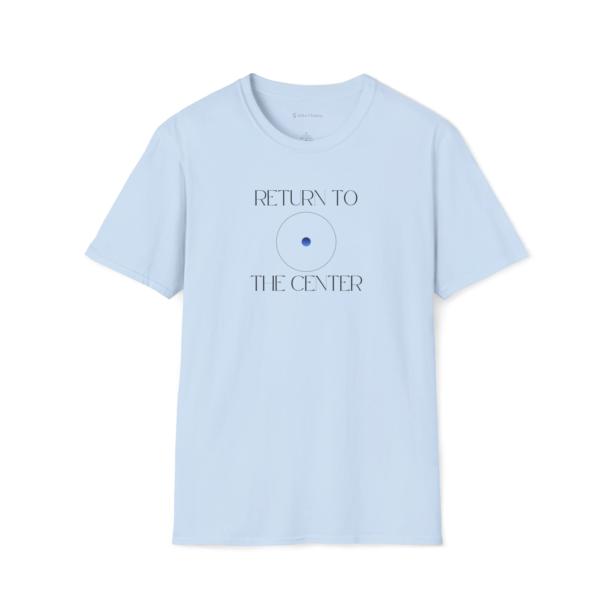 Light Blue Return To The Center t-shirt, front view with white circular center graphic and text